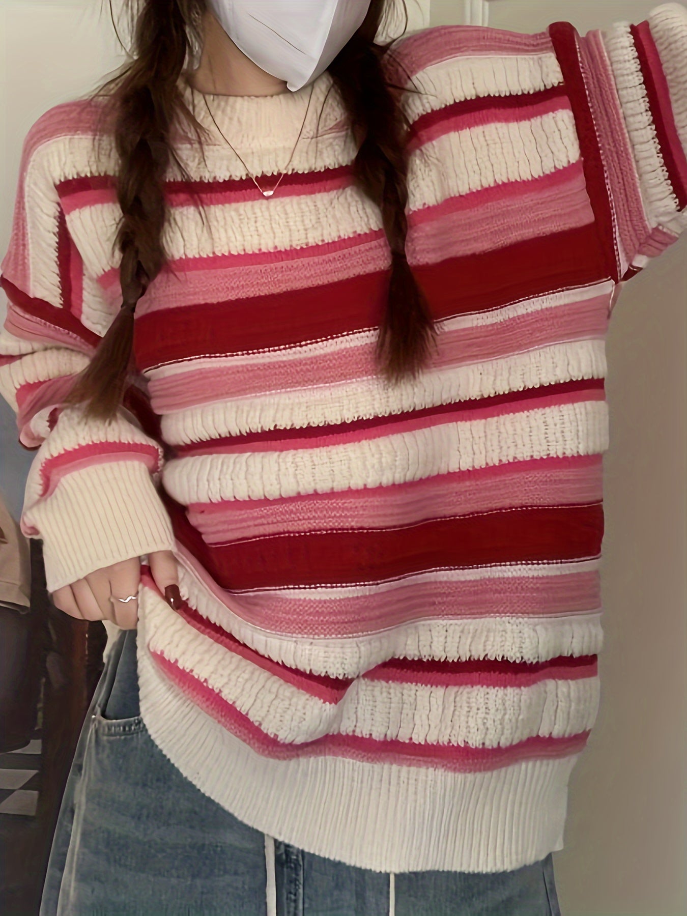Antmvs Striped Crew Neck Pullover Sweater, Casual Long Sleeve Loose Warm Winter Sweater, Women's Clothing