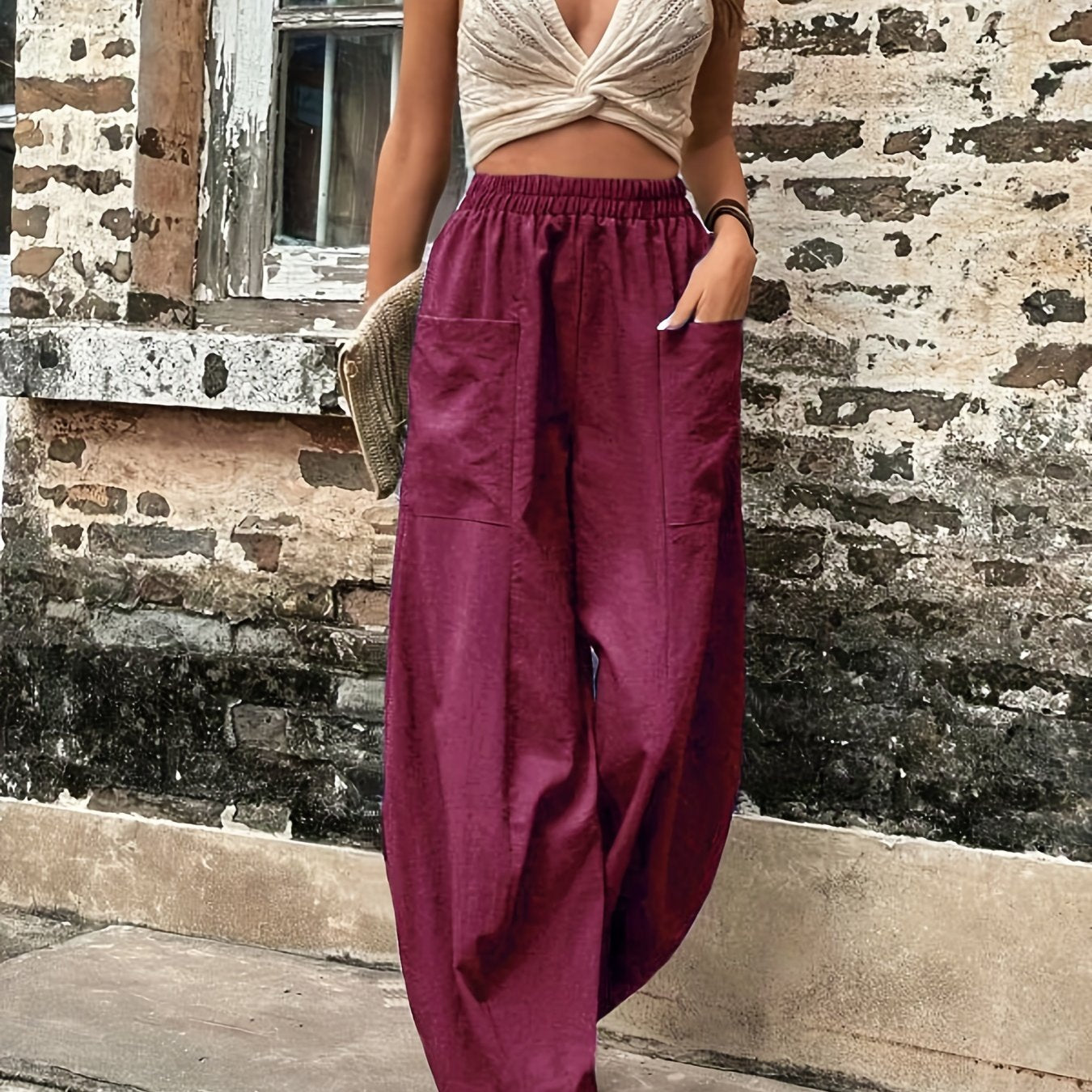 Antmvs Boho Solid Elastic Waist Harem Pants, Casual Long Length Baggy Pants With Pockets For Spring & Summer, Women's Clothing