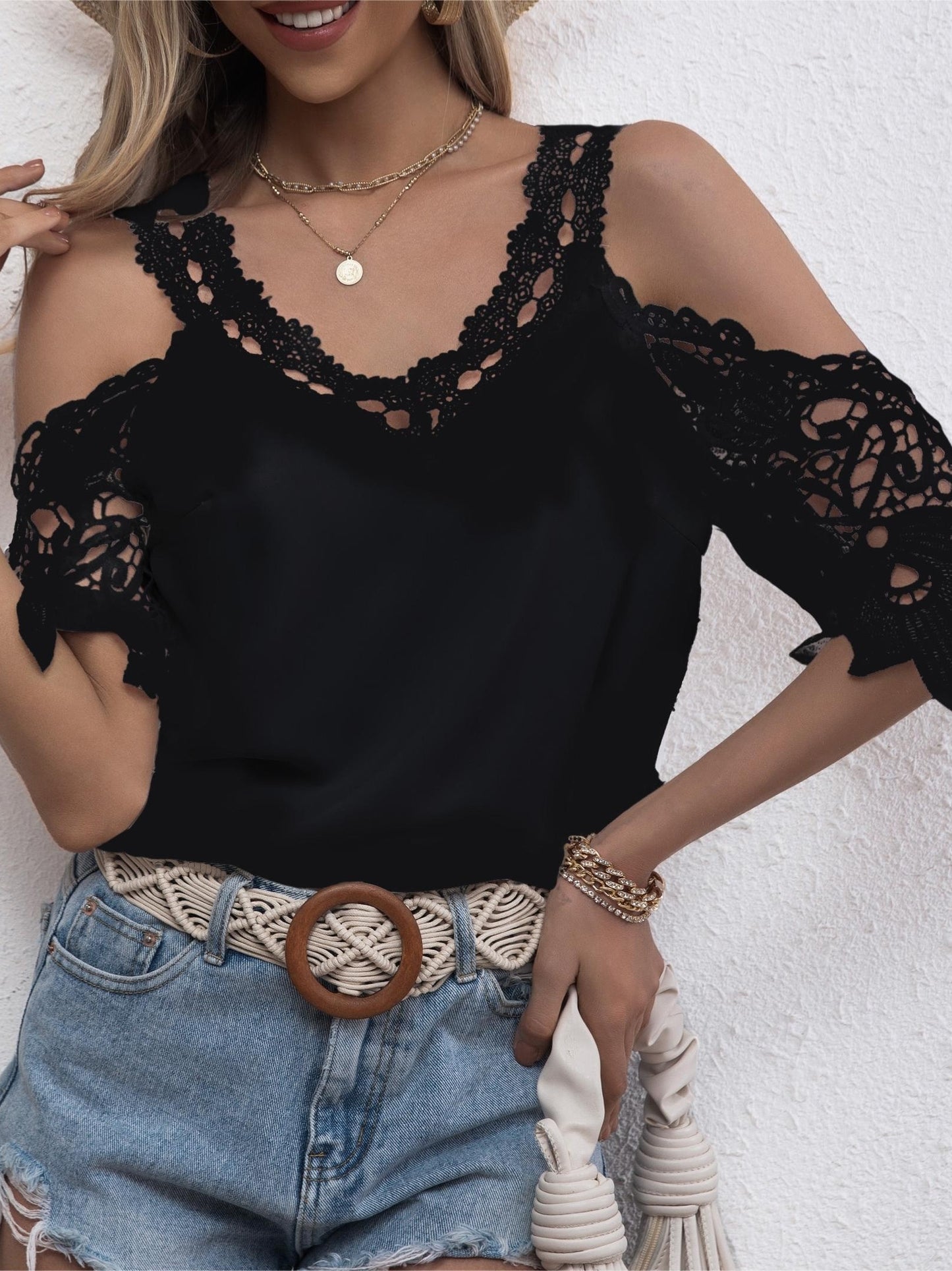 Antmvs Lace Stitching Cold Shoulder Blouse, Casual V Neck Short Sleeve Blouse For Spring & Summer, Women's Clothing
