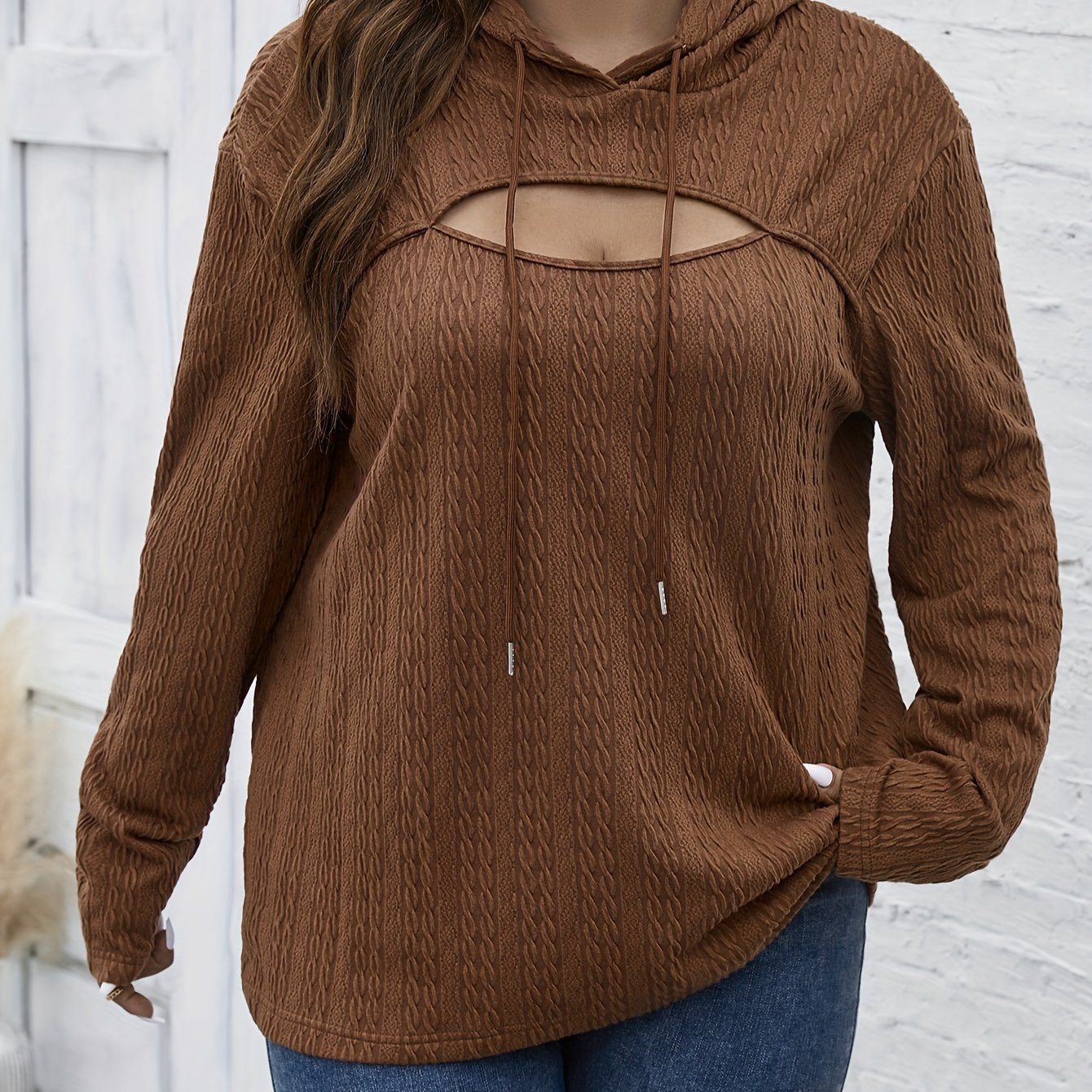 Antmvs Plus Size Sexy Sweatshirt, Women's Plus Solid Textured Cut Out Front Long Sleeve Drawstring Hooded Pullover Sweatshirt, Casual Tops For Fall & Winter, Plus Size Women's Clothing