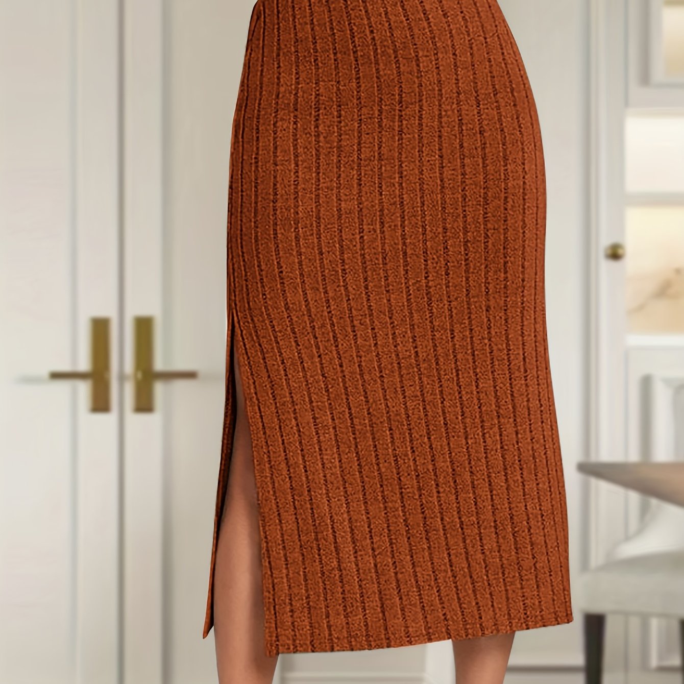Antmvs Ribbed Knit Side Split Skirt, Casual Solid Every Day Skirt, Women's Clothing