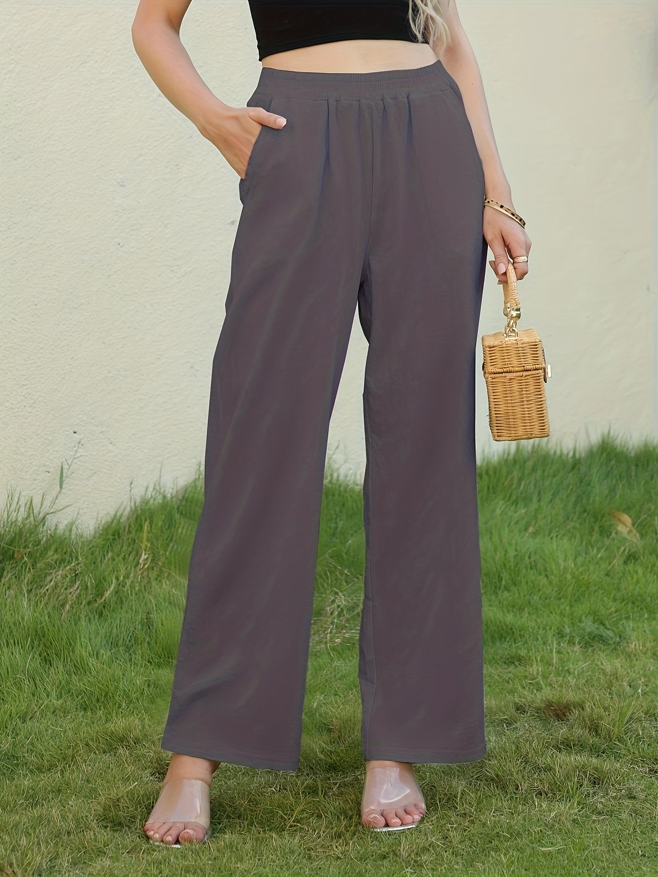 Antmvs Solid Wide Leg Elastic Waist Pants, Casual Dual Pockets Loose Pants, Women's Clothing