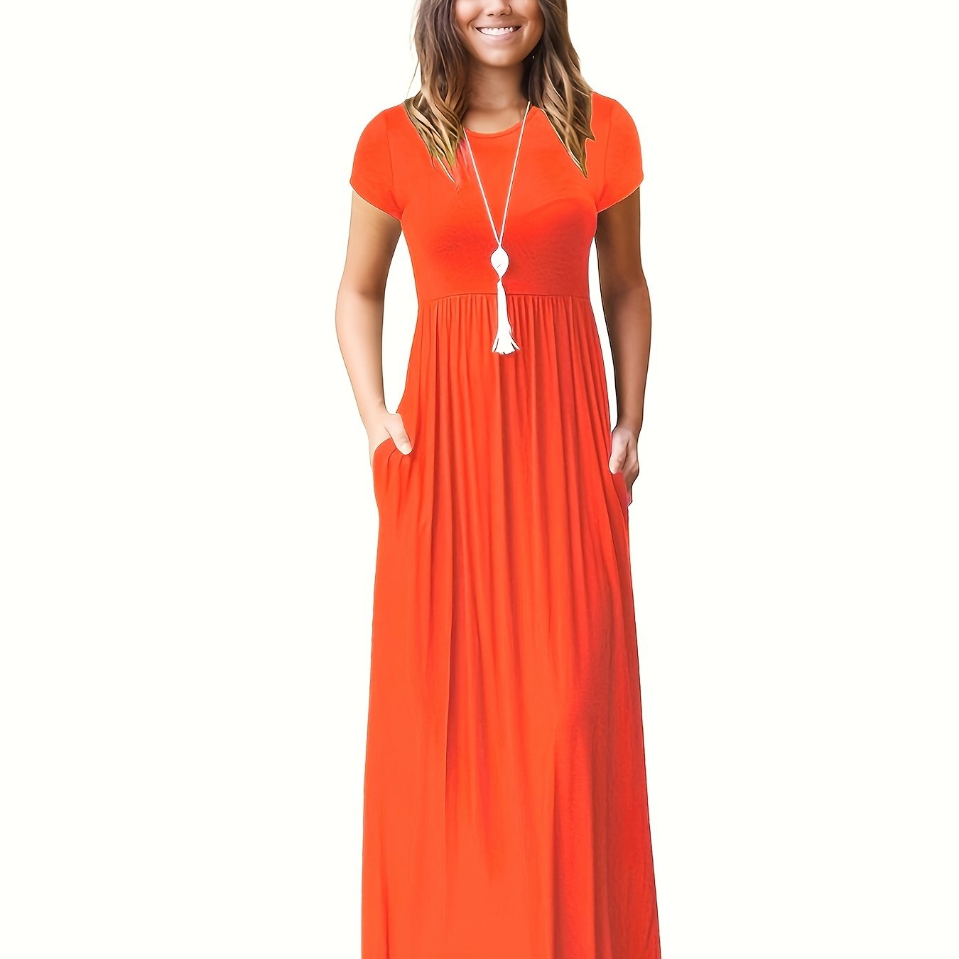 Antmvs Pleated Maxi Dress, Casual Crew Neck Short Sleeve Dress With Pockets, Women's Clothing