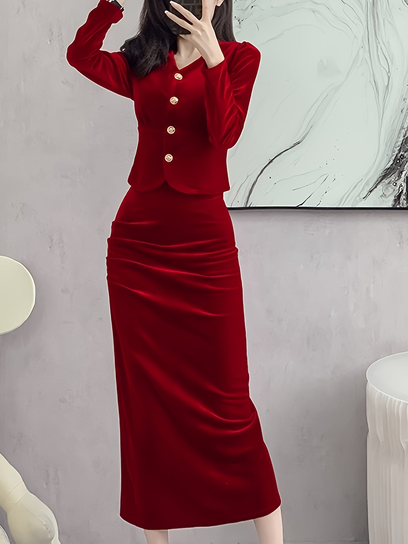 Antmvs Solid Bodycon Two-piece Set, Button Front Long Sleeve Tops & High Waist Midi Skirts Outfits, Women's Clothing
