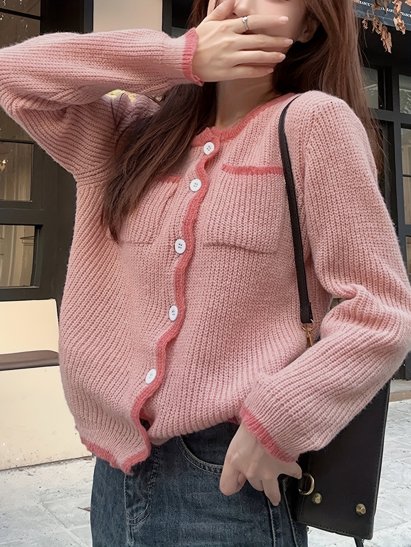 Antmvs Contrast Trim Button Front Cardigan, Chic Long Sleeve Dual Pockets Knit Cardigan, Women's Clothing