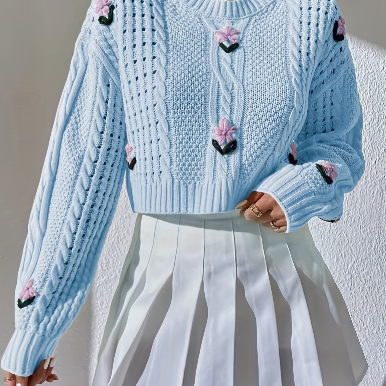 Antmvs Cropped Knit Sweater, Casual Crew Neck Long Sleeve Sweater, Women's Clothing
