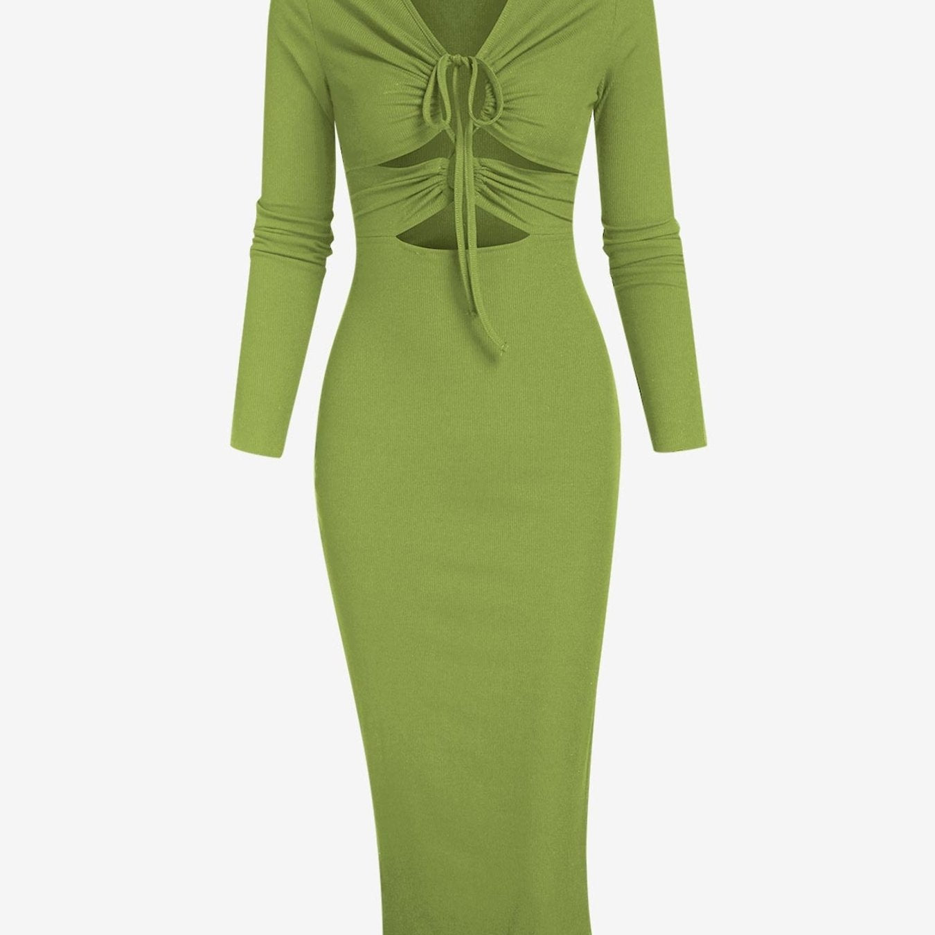 Antmvs Solid Pleated Tie Front Bodycon Dress, Casual Long Sleeve Midi Dress For Spring & Fall, Women's Clothing