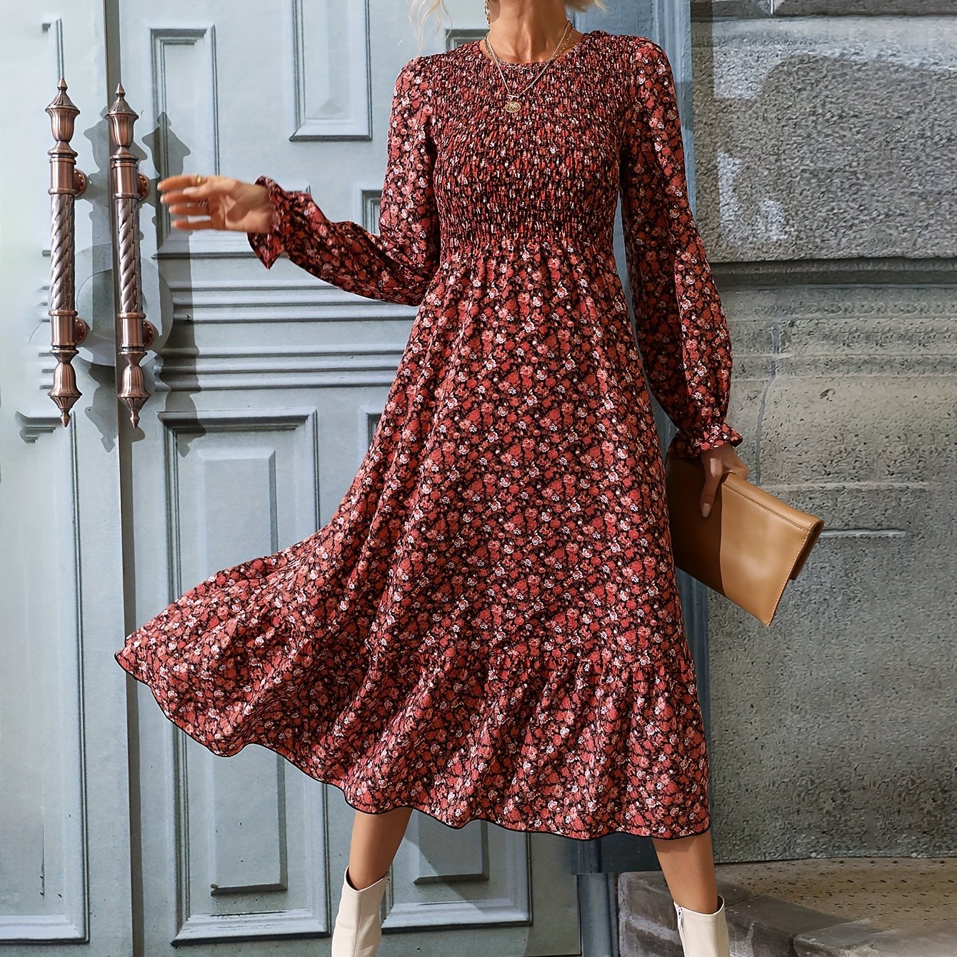 Antmvs Ditsy Floral Print Dress, Elegant Shirred Long Sleeve Midi Dress, Women's Clothing