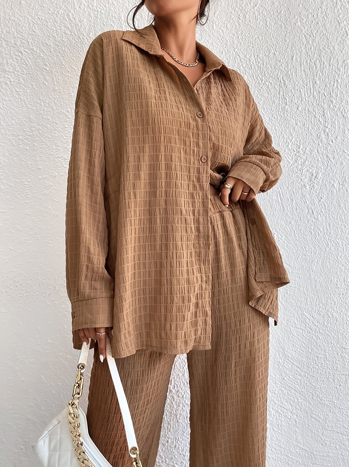 Antmvs Casual Textured Solid Two-piece Set, Long Sleeve Button Front Shirt & Straight Leg Pants Outfits, Women's Clothing