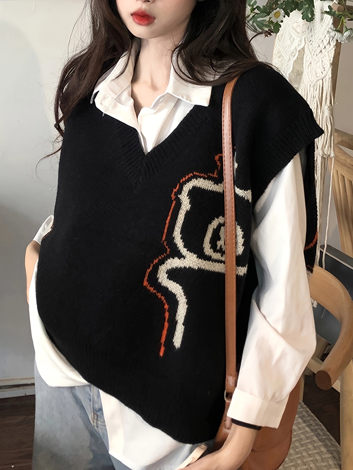 Antmvs Graphic Printed Knitted Sweater Vest, Casual V-neck Sweater Vest For Fall & Winter, Women's Clothing