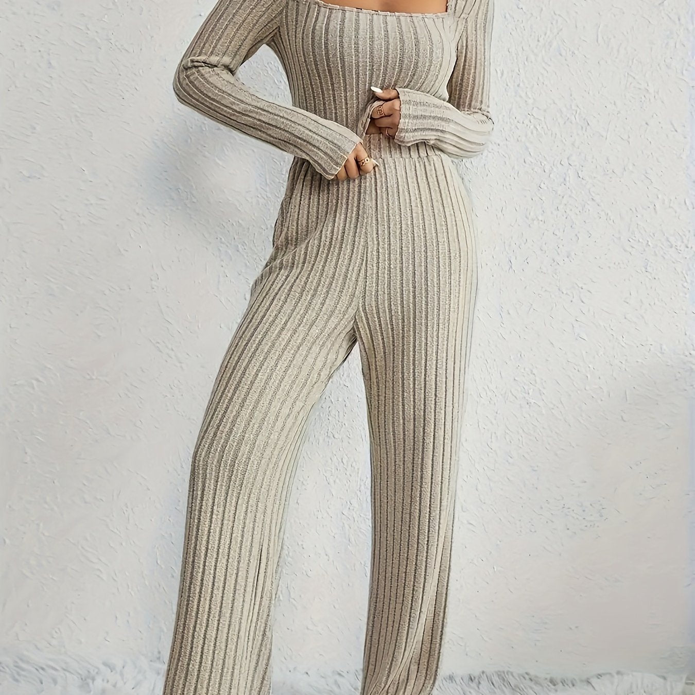 Antmvs Casual Solid Ribbed Two-piece Set, Long Sleeve Top & High Waist Pants Outfits, Women's Clothing