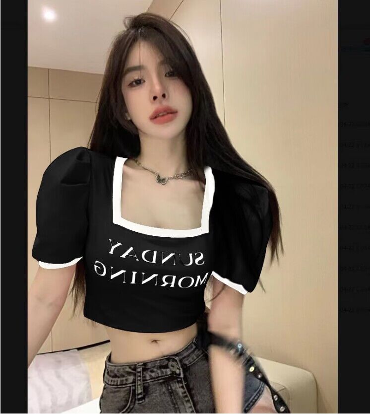 Antmvs SUNDAY MORNING Letter Print Square Neck Short Puffed Sleeve Slim Cropped Top
