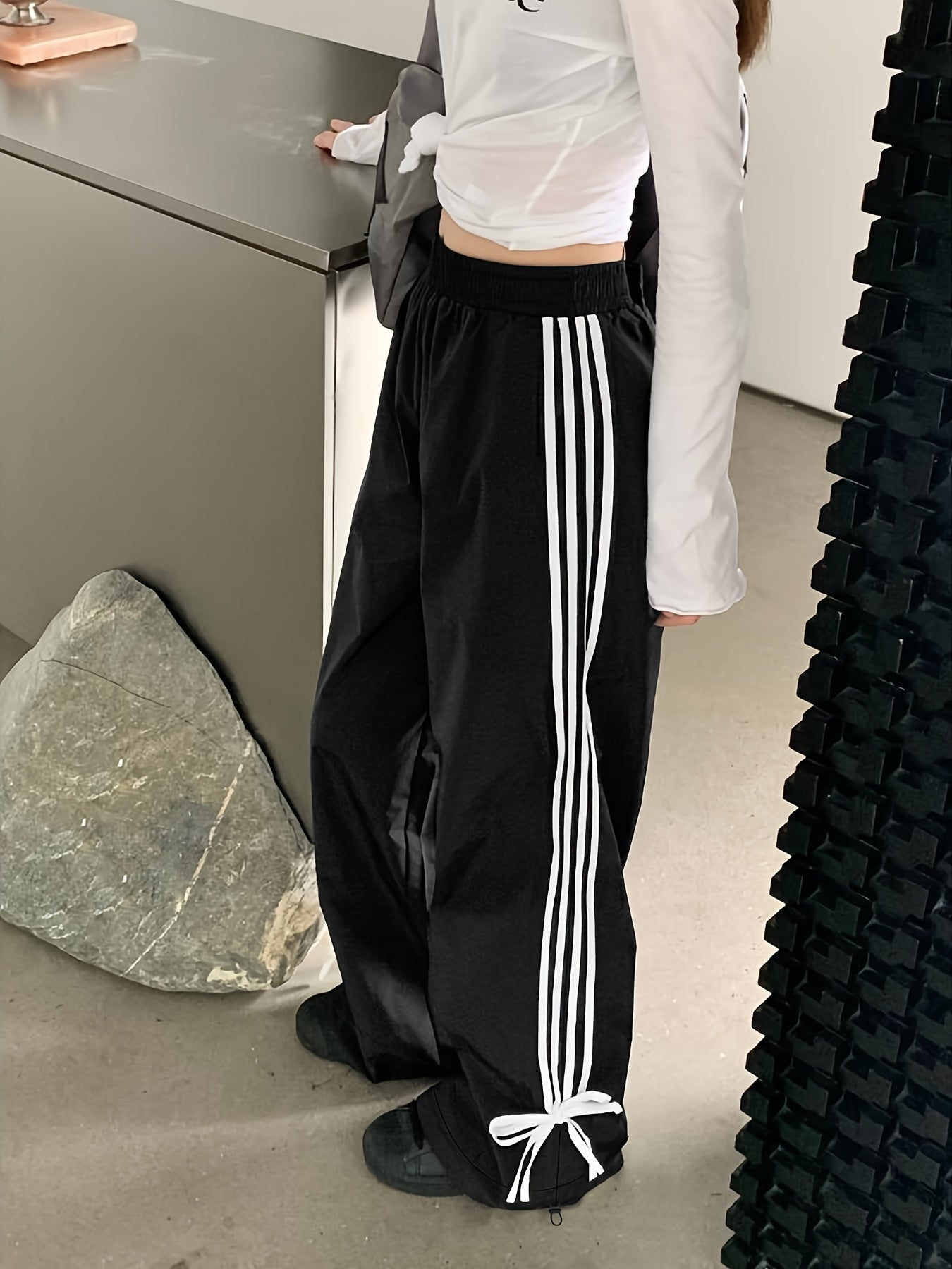 Antmvs Striped Print Loose Pants, Casual Bow Decor Pants For Spring & Fall, Women's Clothing