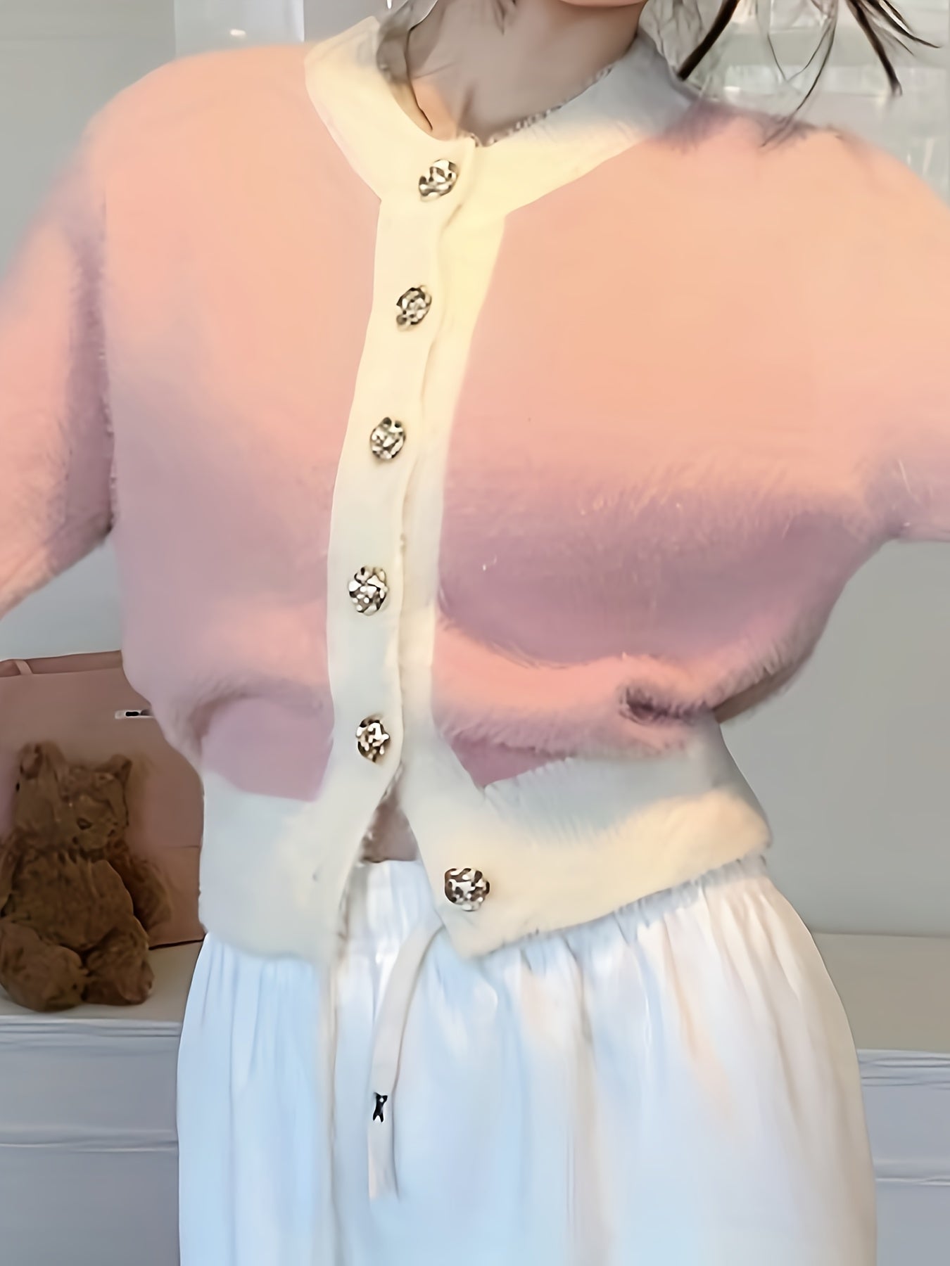 Antmvs Color Block Button Up Knit Cardigan, Casual Long Sleeve Cozy Crop Sweater, Women's Clothing