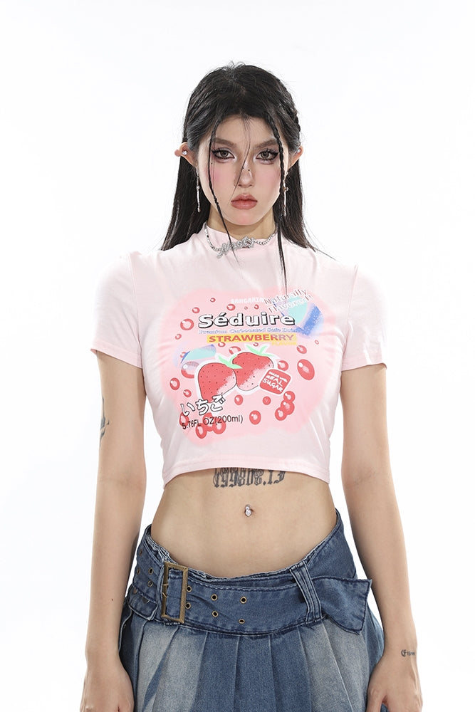 Antmvs Lilia Sweet Strawberry Cartoon Image Print Short Sleeve Slim Cropped Top