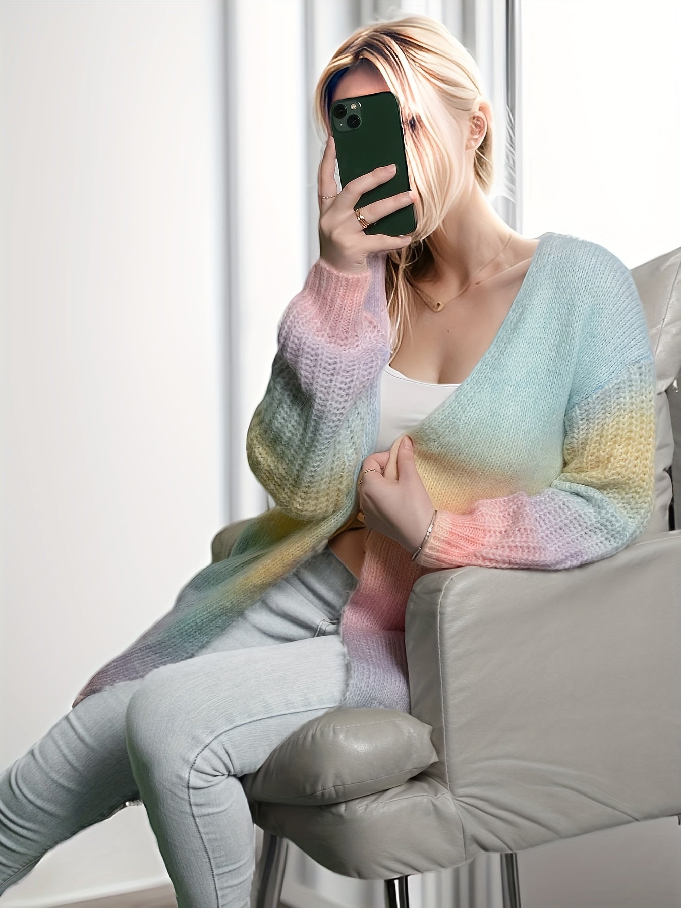 Antmvs Colorful Gradient Knit Cardigan, Casual Open Front Long Sleeve Sweater, Women's Clothing