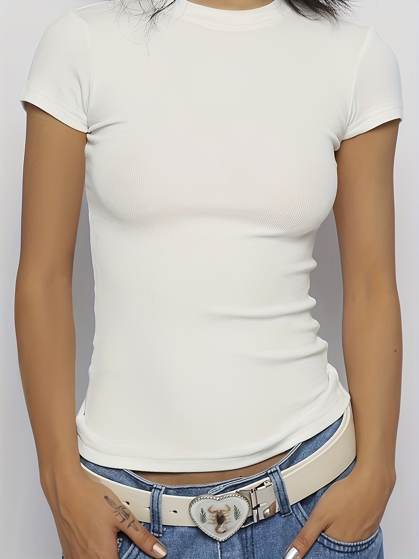 Antmvs Solid Color Crew Neck T-Shirt, Y2K Short Sleeve Slim T-Shirt For Spring & Summer, Women's Clothing