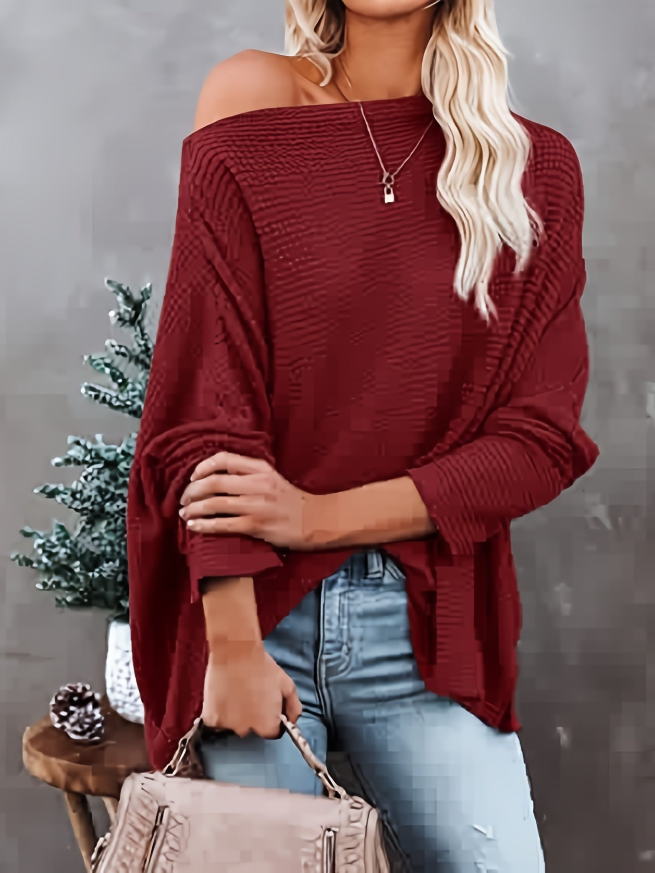 Antmvs Women's Casual Off Shoulder Bat Long Sleeve Waffle Knitted Oversized Pullover Sweater, Casual Tops For Fall & Winter, Women's Clothing