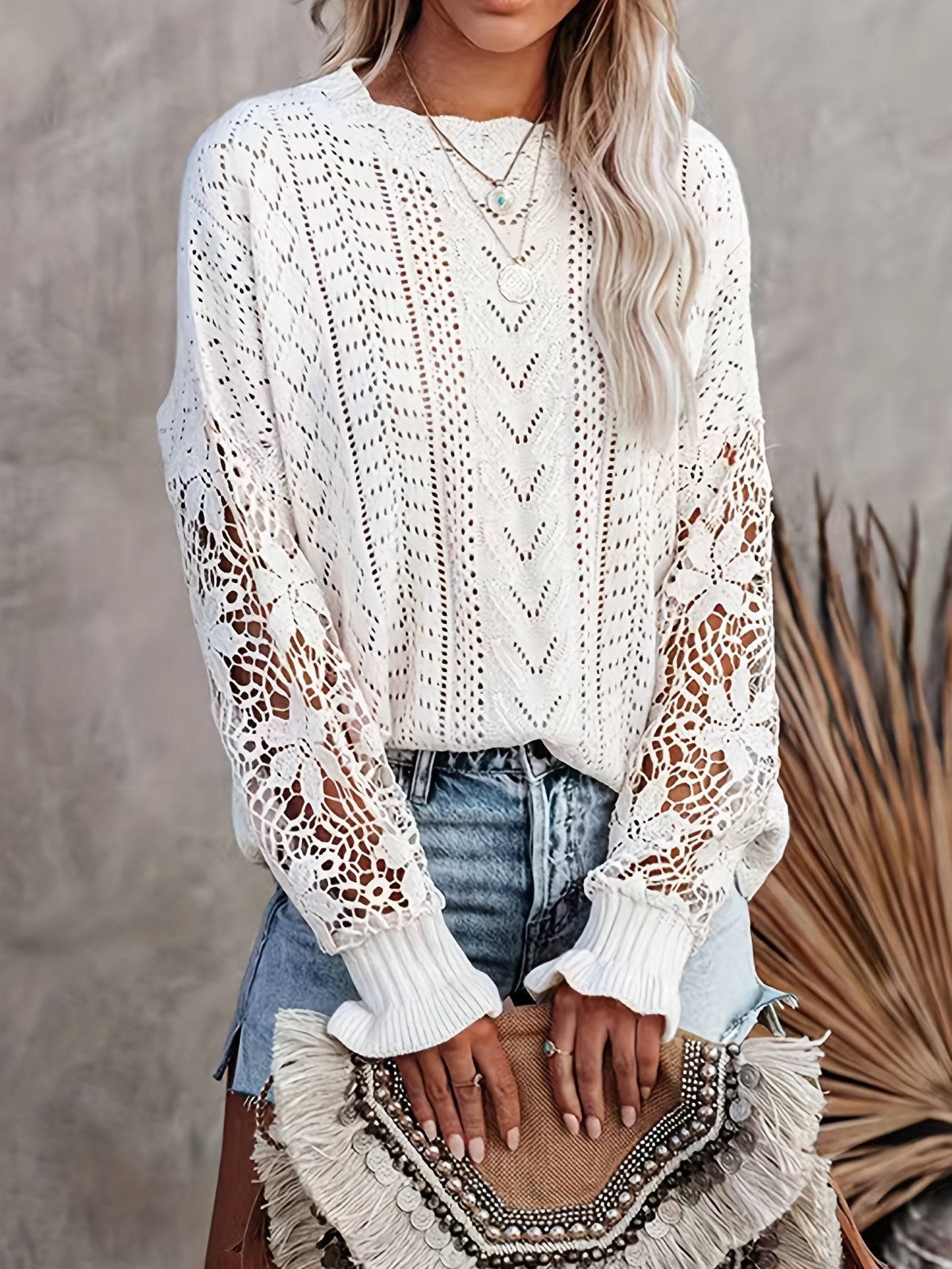 Antmvs Solid Crew Neck Contrast Lace Pullover Sweater, Casual Long Sleeve Sweater For Spring & Winter, Women's Clothing