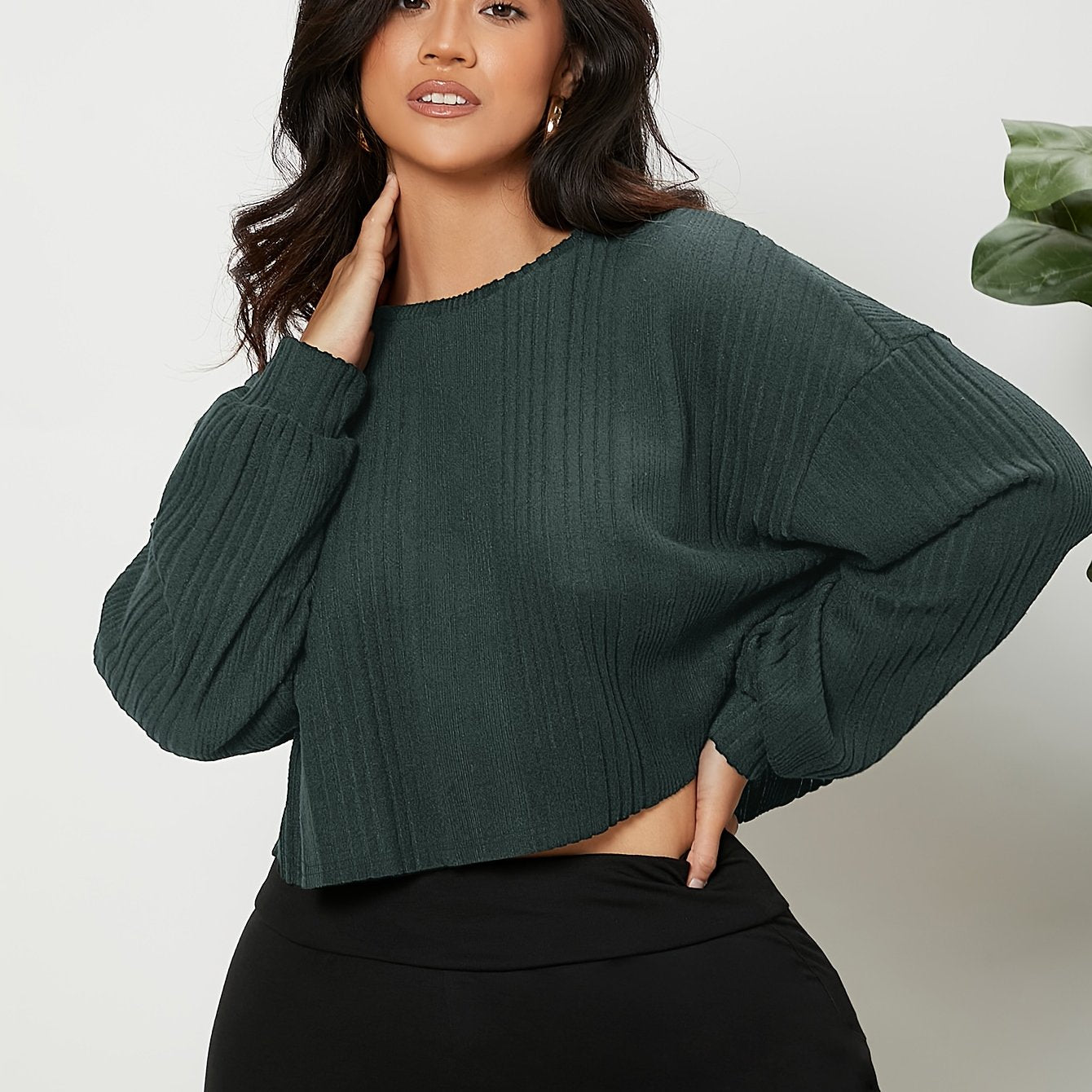 Antmvs Plus Size Trendy Knit Top, Women's Plus Solid Ribbed Drop Shoulder Lantern Sleeve Round Neck Medium Stretch Crop Knit Top