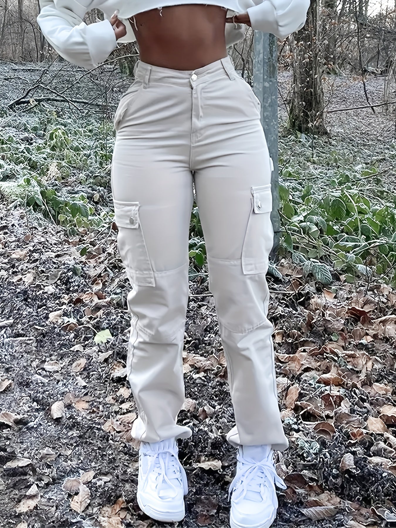 Antmvs Straight Leg Cargo Pants, Y2K Solid High Waist Casual Fashion Slim Wide Leg Pants, Women's Clothing