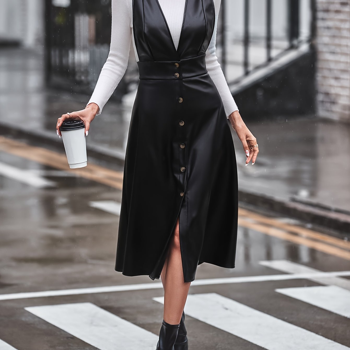 Antmvs Faux Leather Button Decor Dress, Stylish Plunge Neck A-line Dress, Women's Clothing