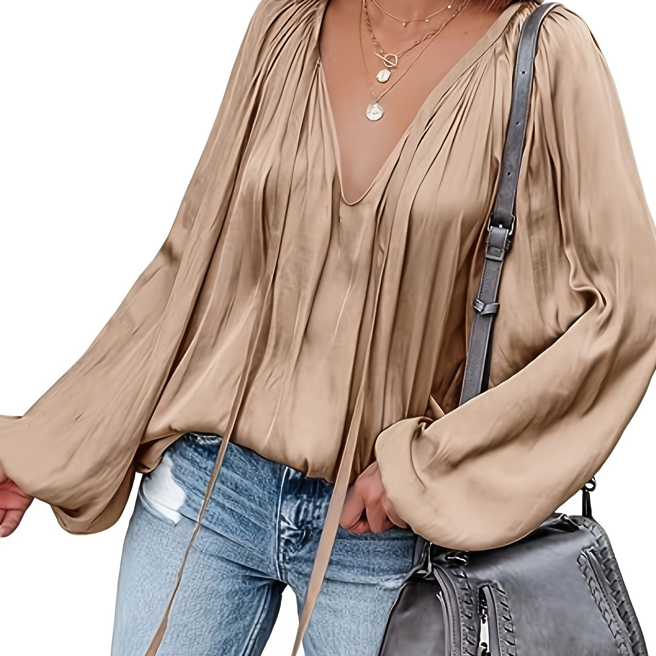 Antmvs Lantern Long Sleeve Satin Blouse, Elegant V Neck Tops For Spring & Summer, Women's Clothing