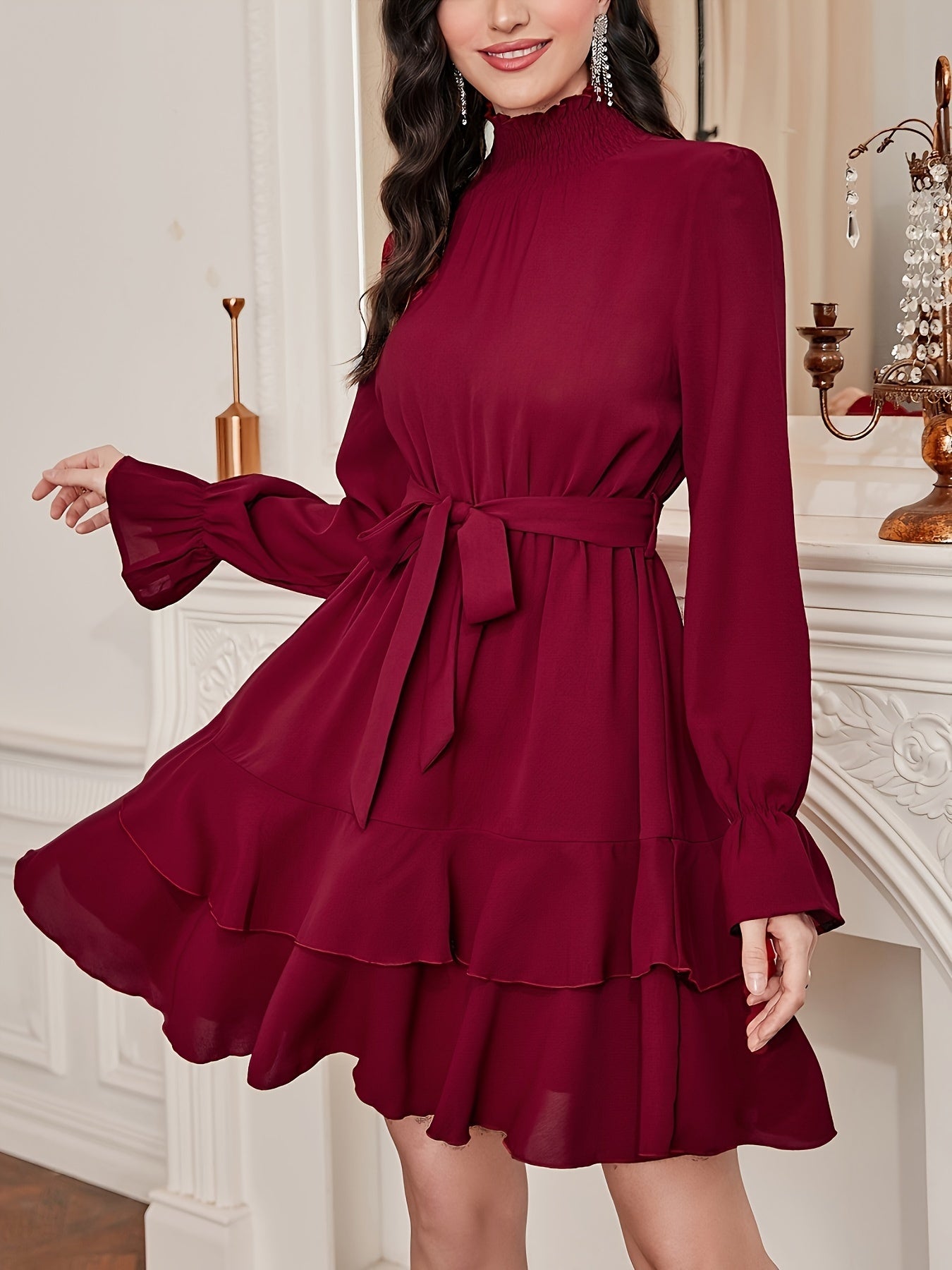 Antmvs Ruffle Hem Layered Dress, Elegant Long Sleeve High Neck Dress, Women's Clothing