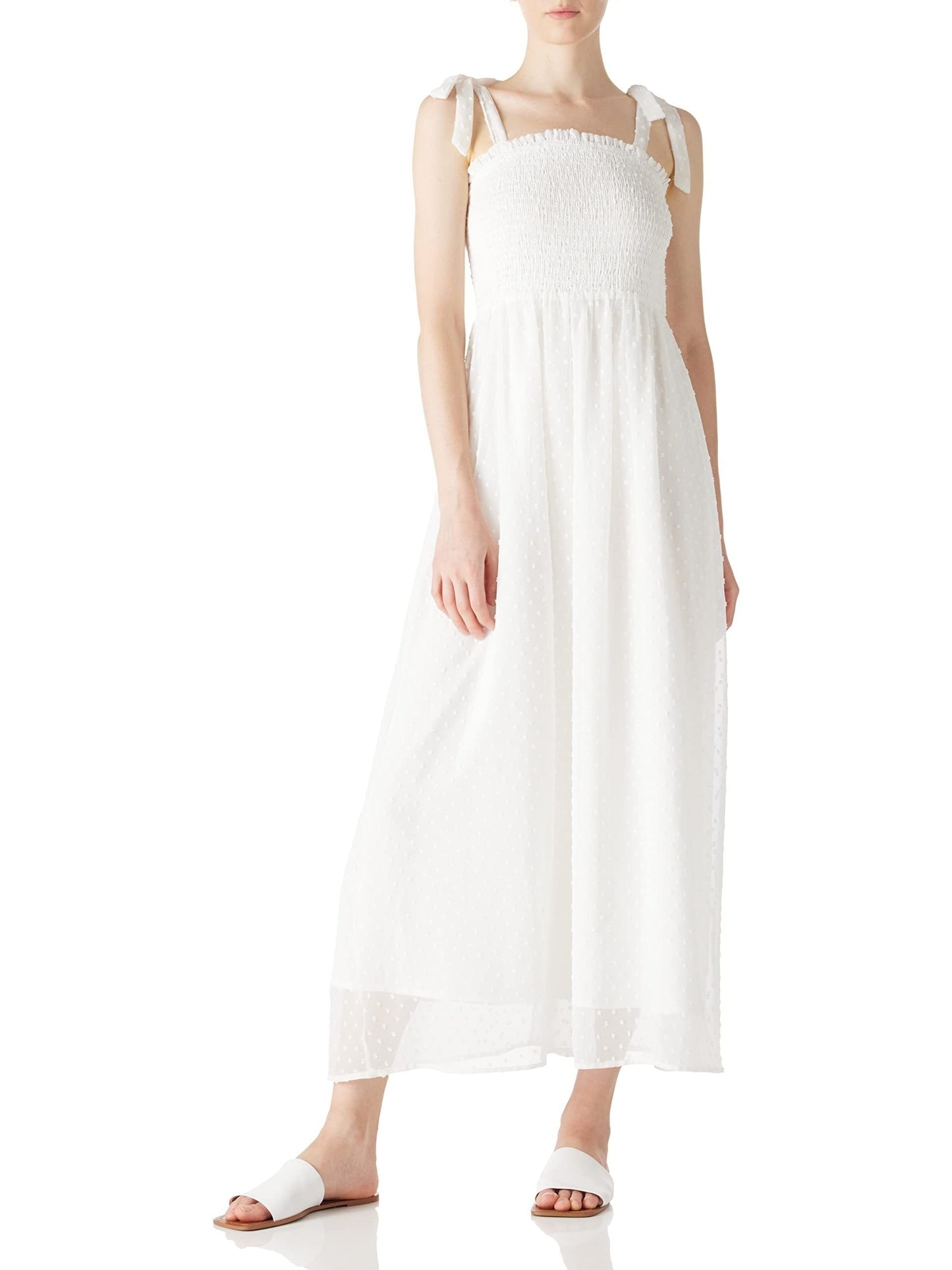 Antmvs Swiss Dot Tie Strap Shirred Dress, Elegant Backless Ruffle Trim Dress, Women's Clothing