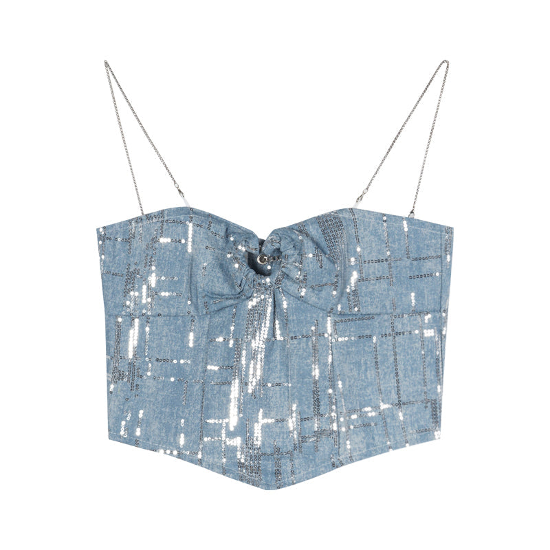 Antmvs Shelly Icy Blue & Silver Spaghetti Strap Slim Camisole Cropped Top