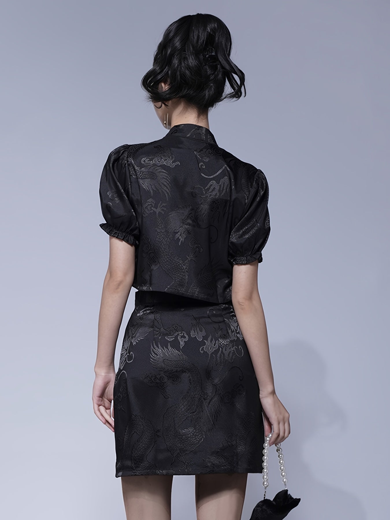 Antmvs Chinese Dragon Jacquard Cheongsam Suit, Short Sleeve Crop Top & High Waist Skirt, Women's Clothing