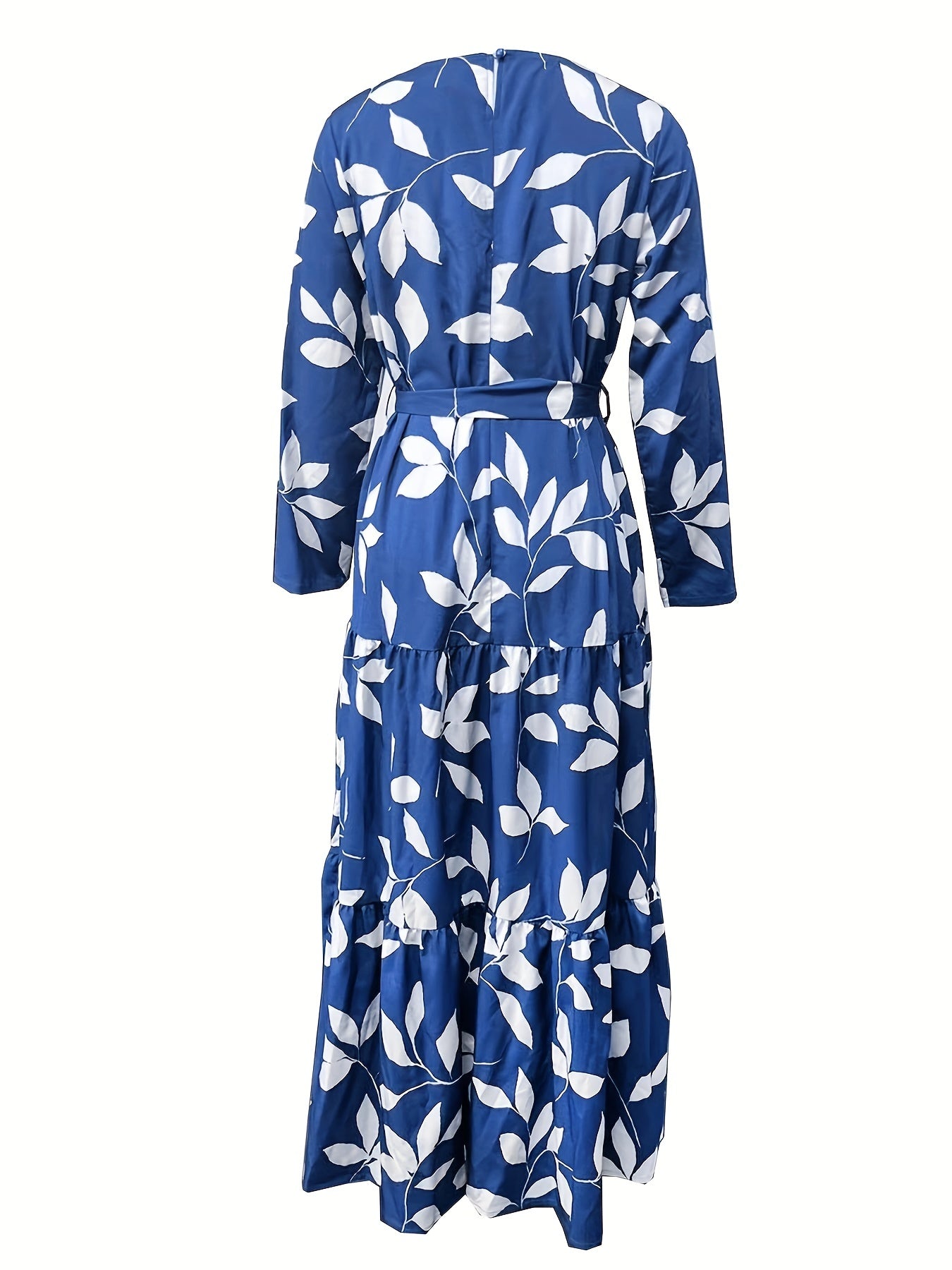 Antmvs Leaf Print Crew Neck Dress, Elegant Long Sleeve Belted Maxi Dress, Women's Clothing
