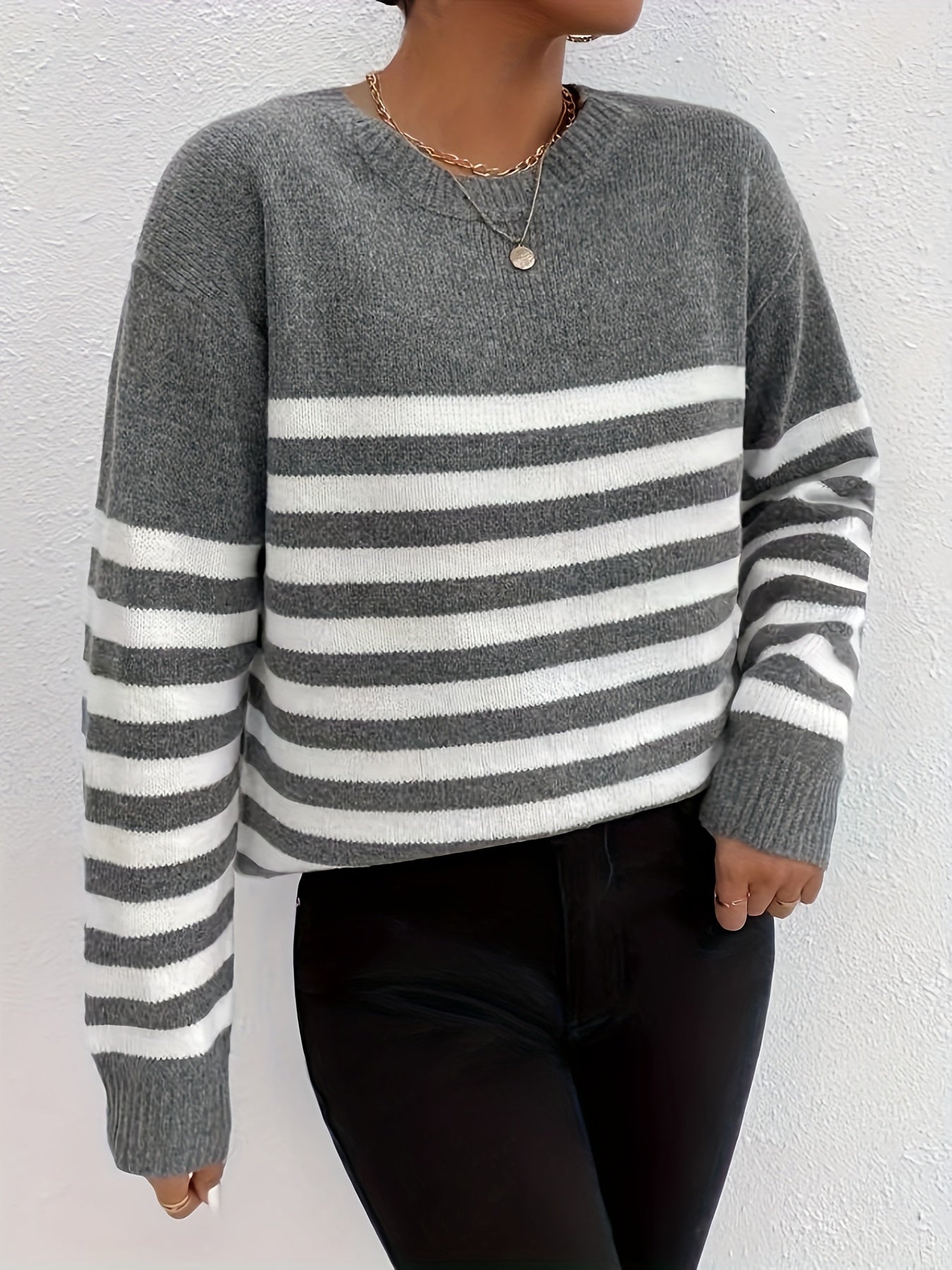 Antmvs Striped Crew Neck Pullover Sweater, Casual Long Sleeve Loose Knit Sweater, Women's Clothing