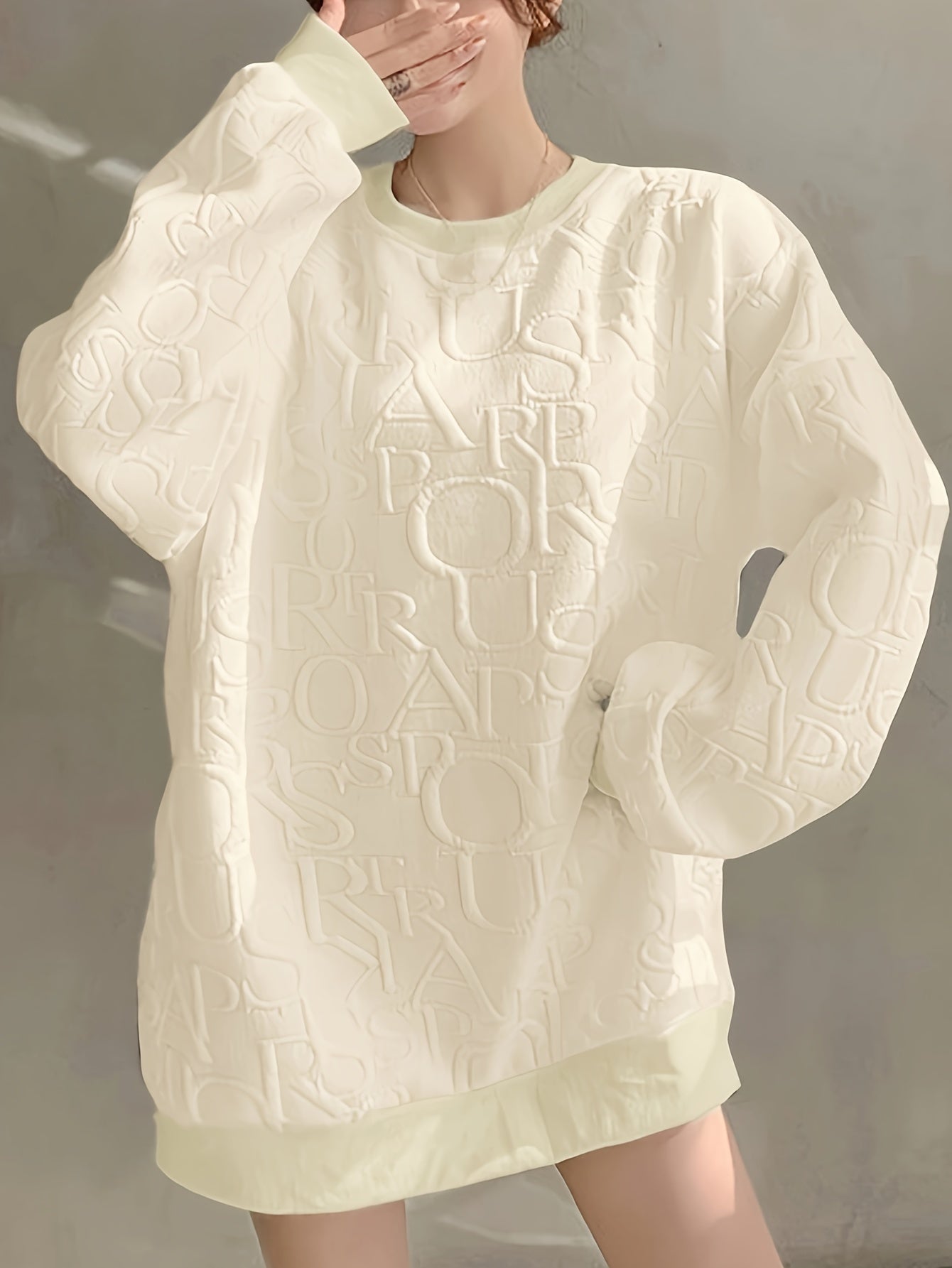 Antmvs Textured Crew Neck Sweatshirt, Casual Long Sleeve Drop Shoulder Sweatshirt For Spring & Fall, Women's Clothing