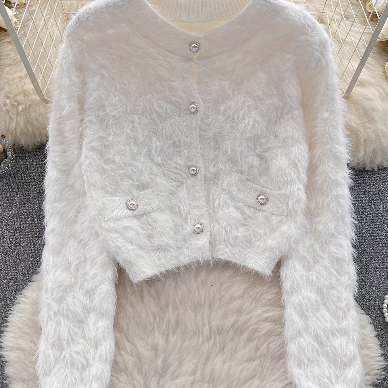 Antmvs Faux Fur Button Down Knit Cardigan, Elegant Long Sleeve Cozy Stylish Sweater, Women's Clothing