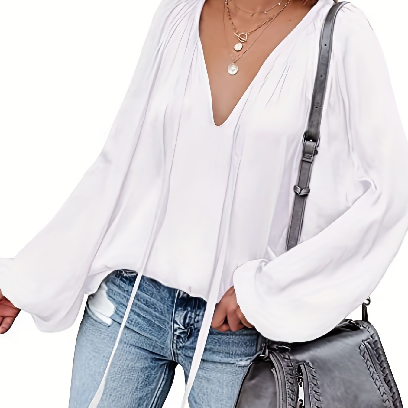 Antmvs Lantern Long Sleeve Satin Blouse, Elegant V Neck Tops For Spring & Summer, Women's Clothing