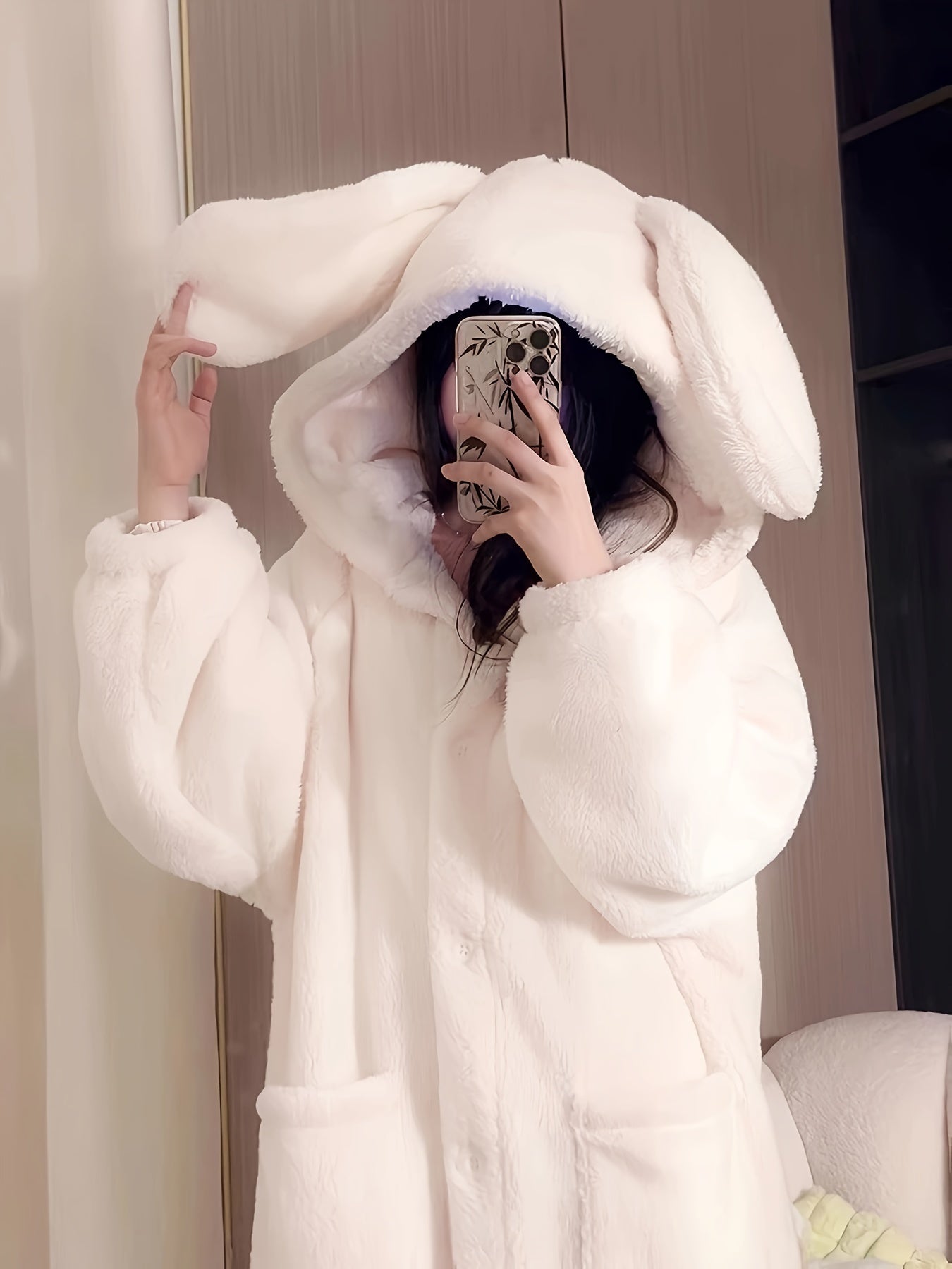 Antmvs Cute Rabbit Hooded Fleece Night Robe, Thickened Long Sleeve Button Up Robe With Pockets, Women's Sleepwear & Dresses