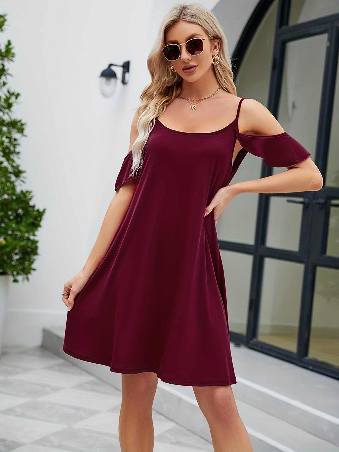 Antmvs Versatile Cold Shoulder Dress, Elegant Spaghetti Ruffle Trim Dress, Women's Clothing