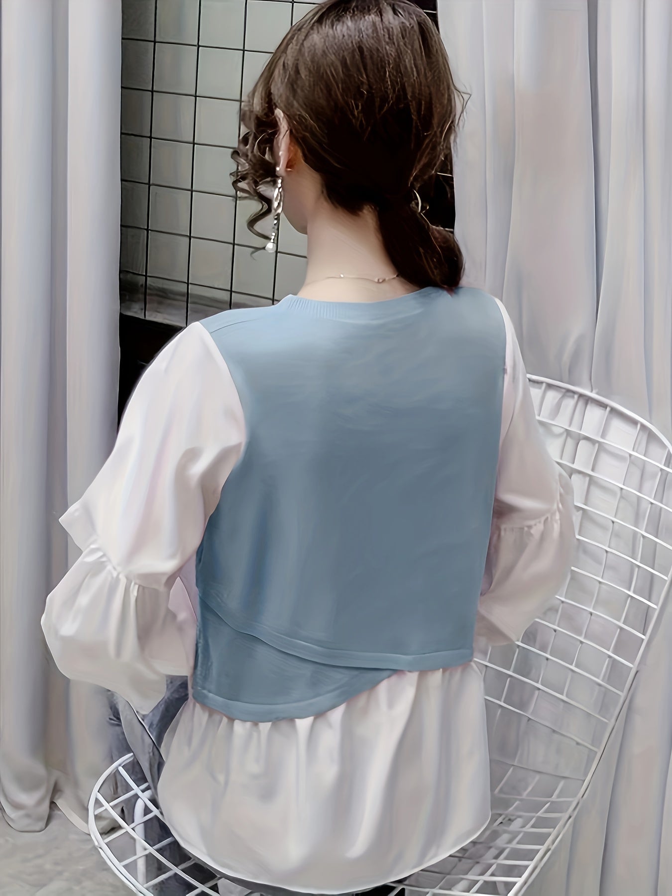 Antmvs Stitching Puff Sleeve Knitted Top, Elegant Crew Neck Long Sleeve Top, Women's Clothing