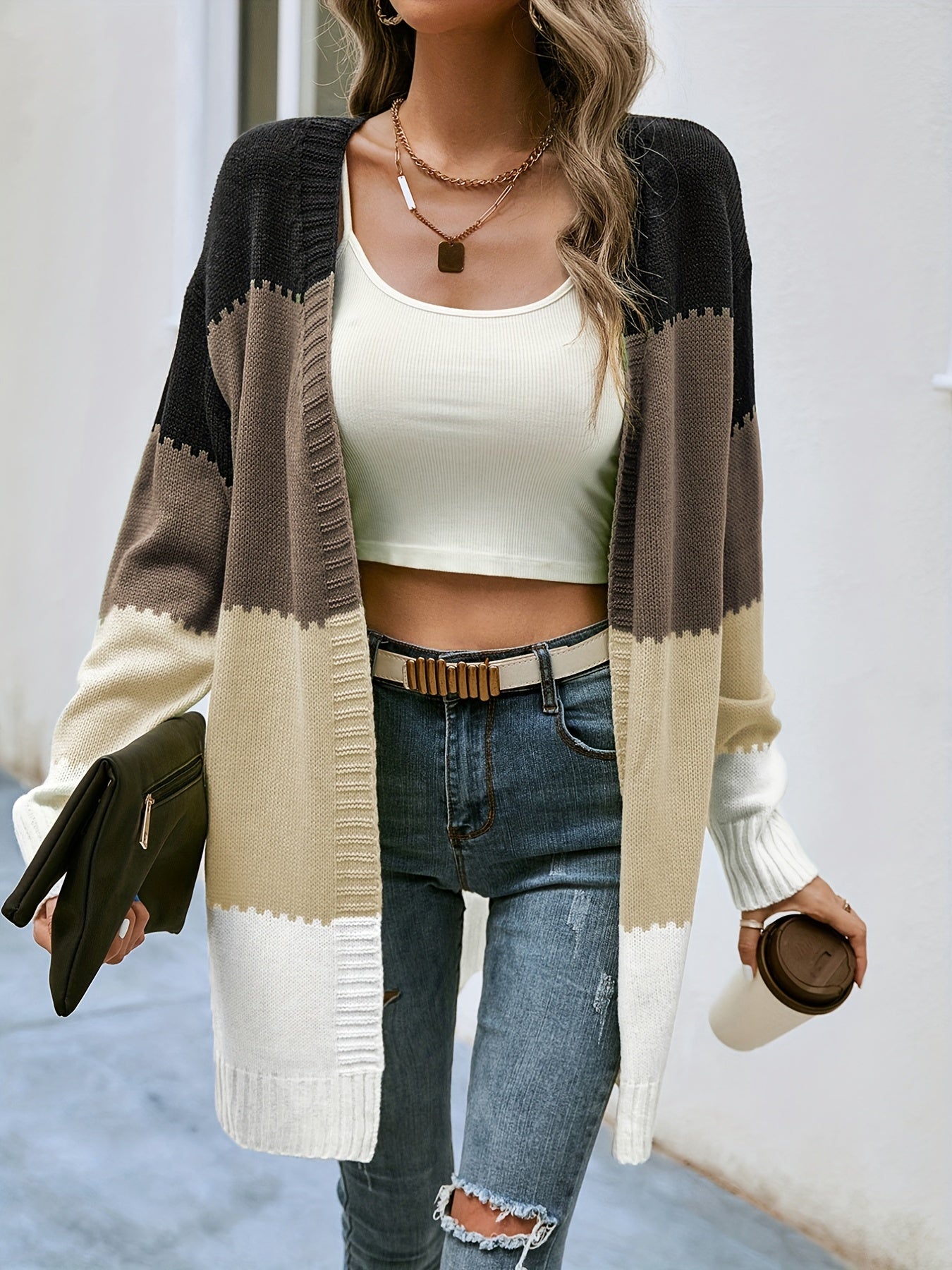 Antmvs V-neck Loose Striped Color Block Cardigans, Casual Drop Shoulder Long Sleeve Fall Winter Knit Cardigan, Women's Clothing