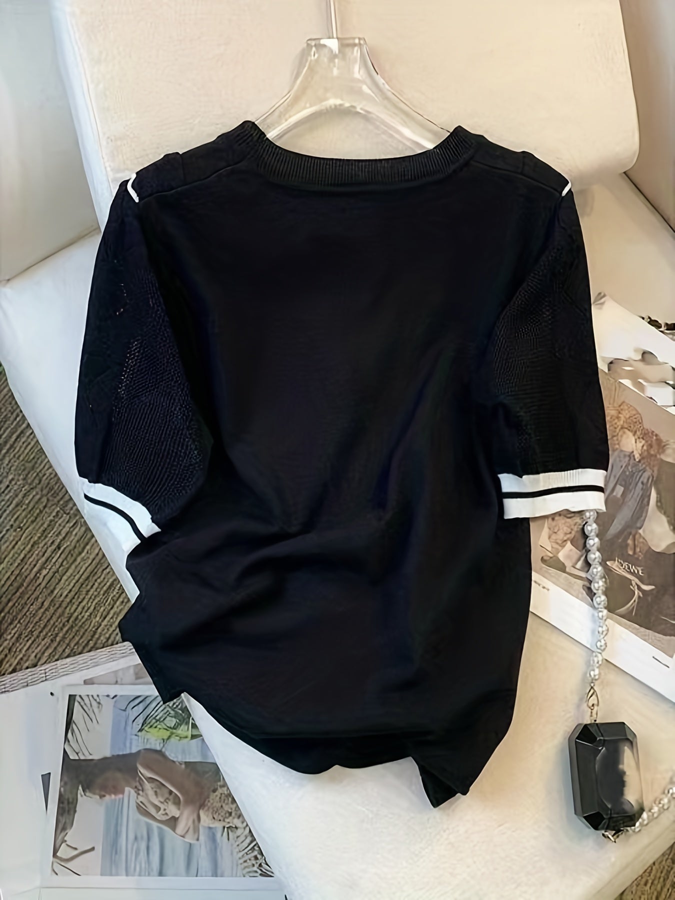 Antmvs Layered Scallop Trim Knit Top, Casual Contrast Trim Short Sleeve Top For Spring & Summer, Women's Clothing