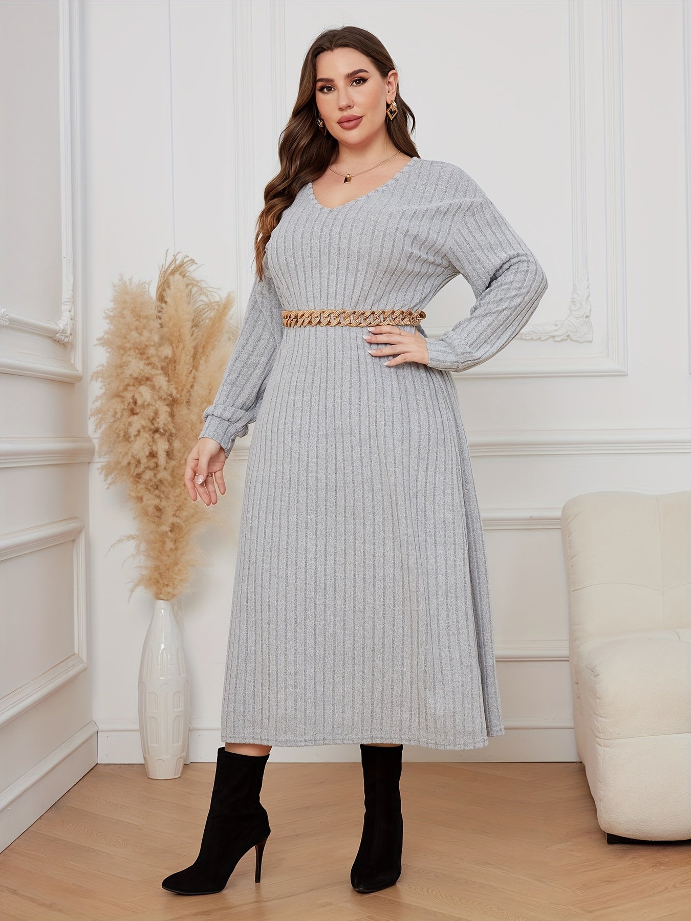 Antmvs Plus Size Casual Dress, Women's Plus Solid Ribbed Drop Shoulder Long Sleeve V Neck Midi Dress