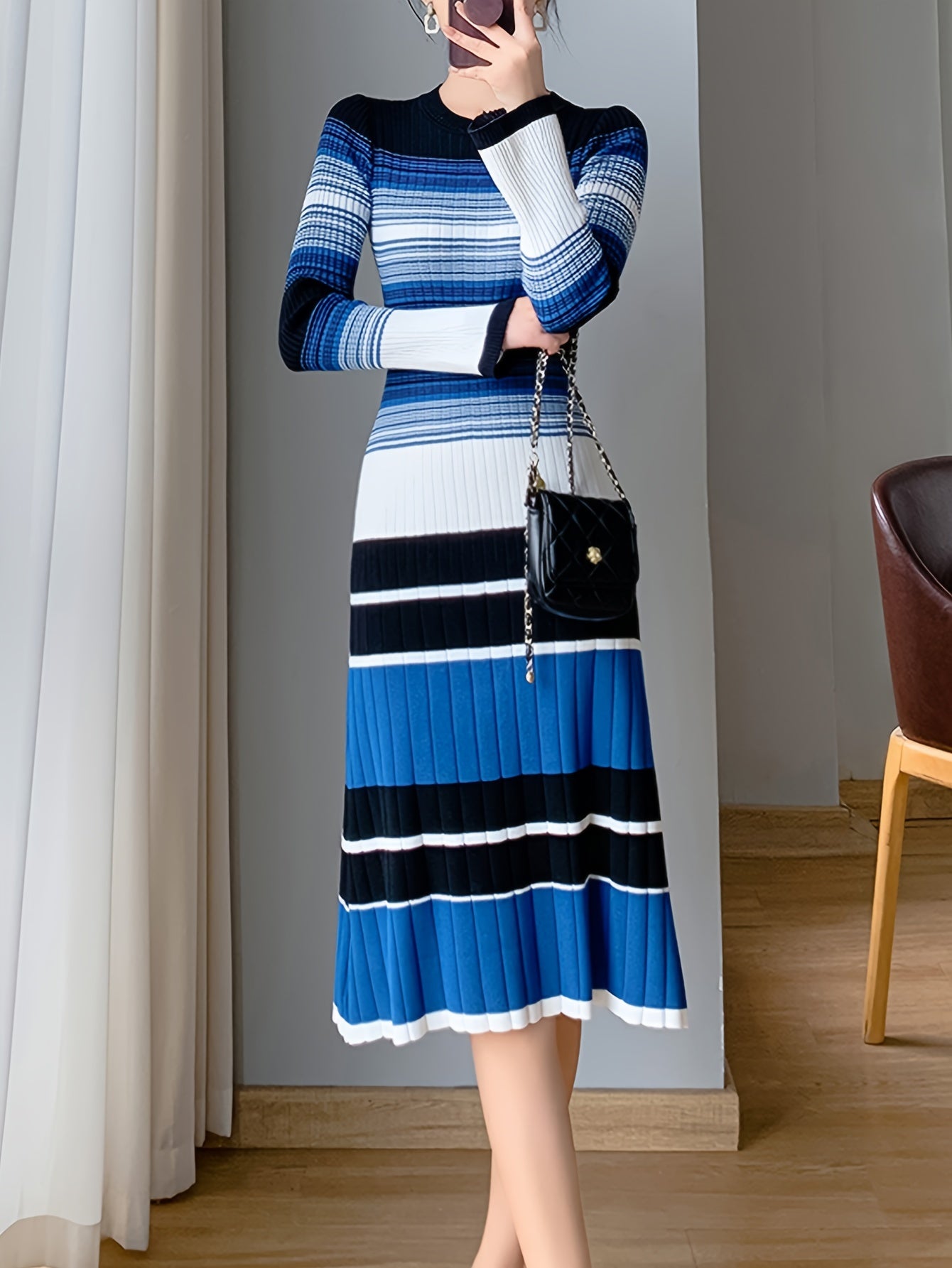 Antmvs Striped Print Long Sleeve Knit Dress, Elegant Crew Neck A-line Dress, Women's Clothing