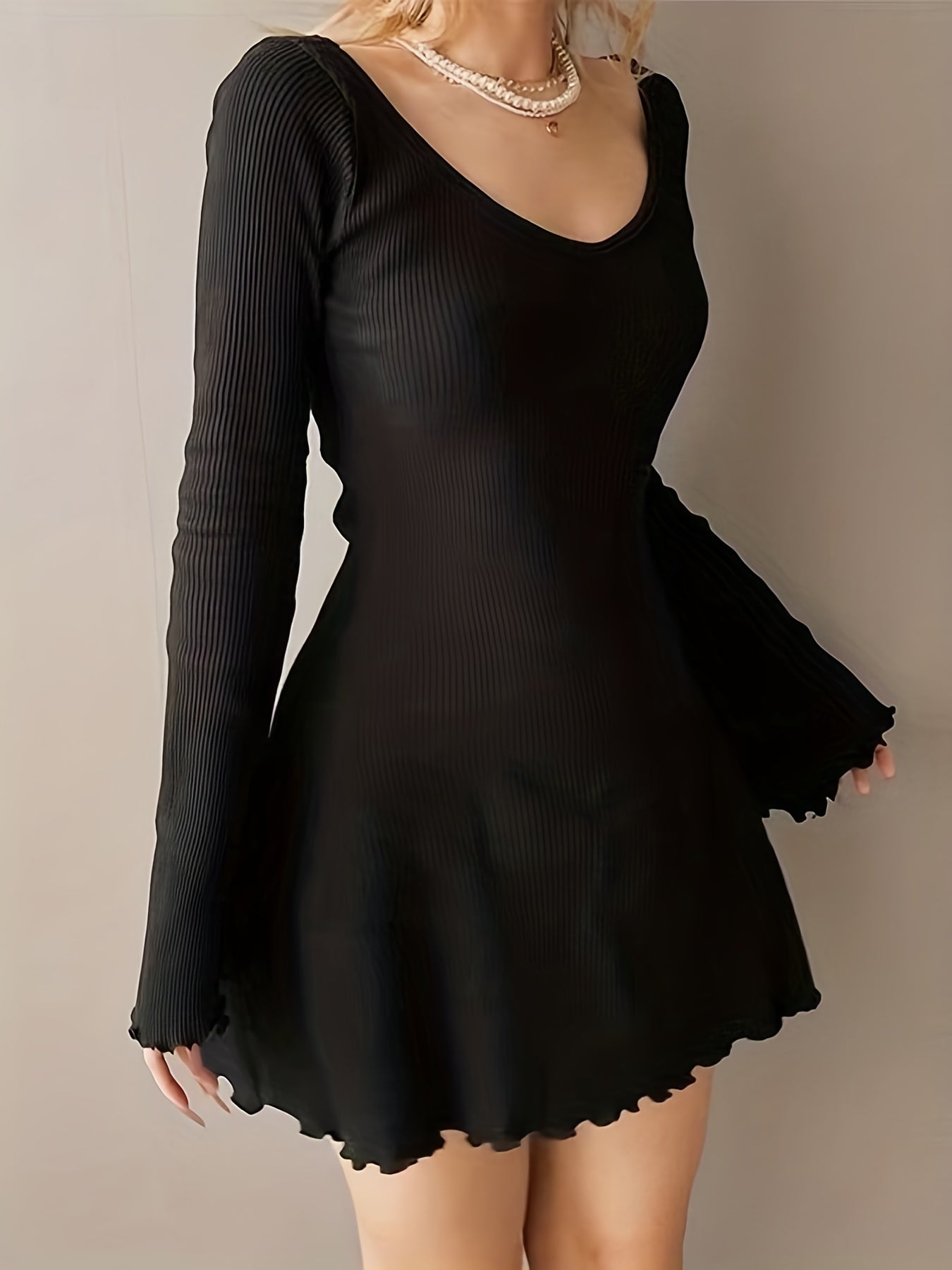 Antmvs Lettuce Trim Solid Dress, Elegant Crew Neck Long Sleeve Dress, Women's Clothing