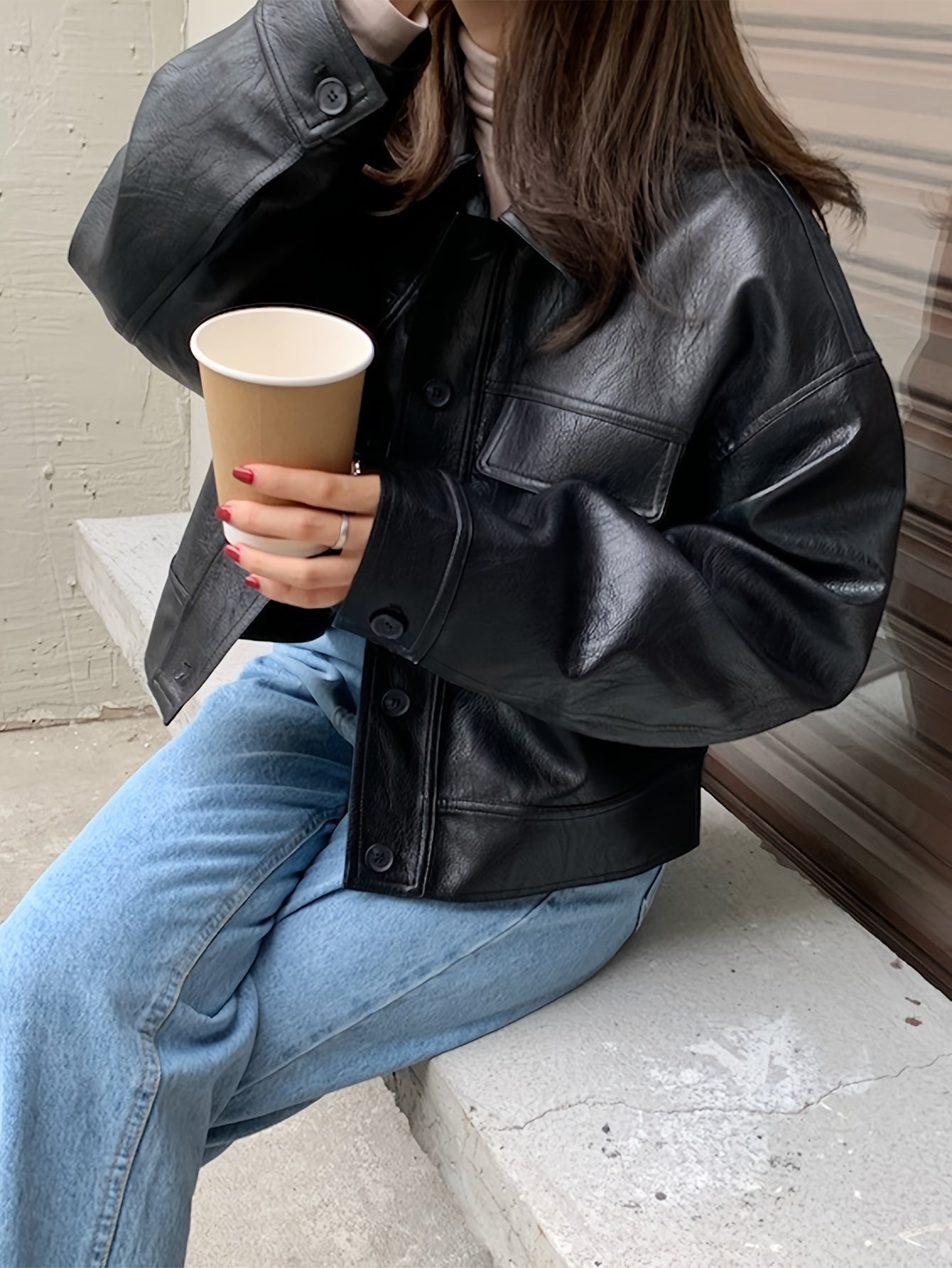 Antmvs Solid Faux Leather Vintage Jacket, Long Sleeve Single Breasted Outwear For Fall & Winter, Women's Clothing