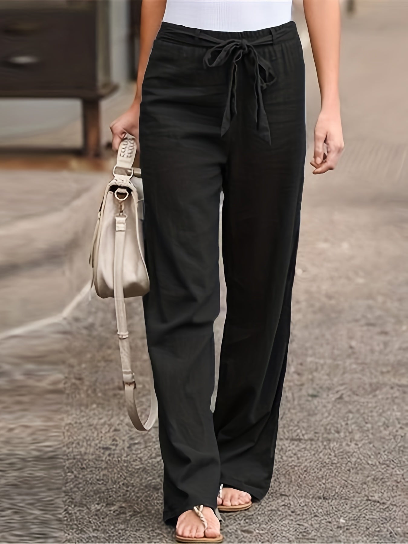Antmvs Solid Tie Waist Pants, Casual High Waist Wide Leg Long Length Pants, Women's Clothing