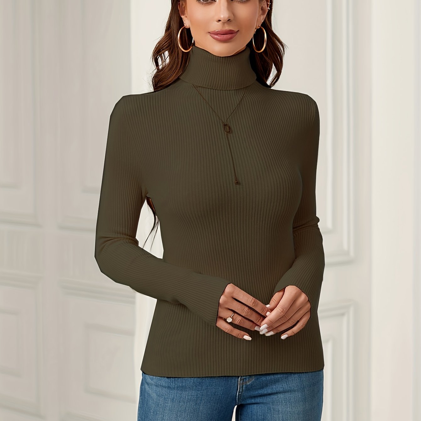 Antmvs Women's Sweater Turtleneck Solid Ribbed Long Sleeve Slim Pullover Knit Tops
