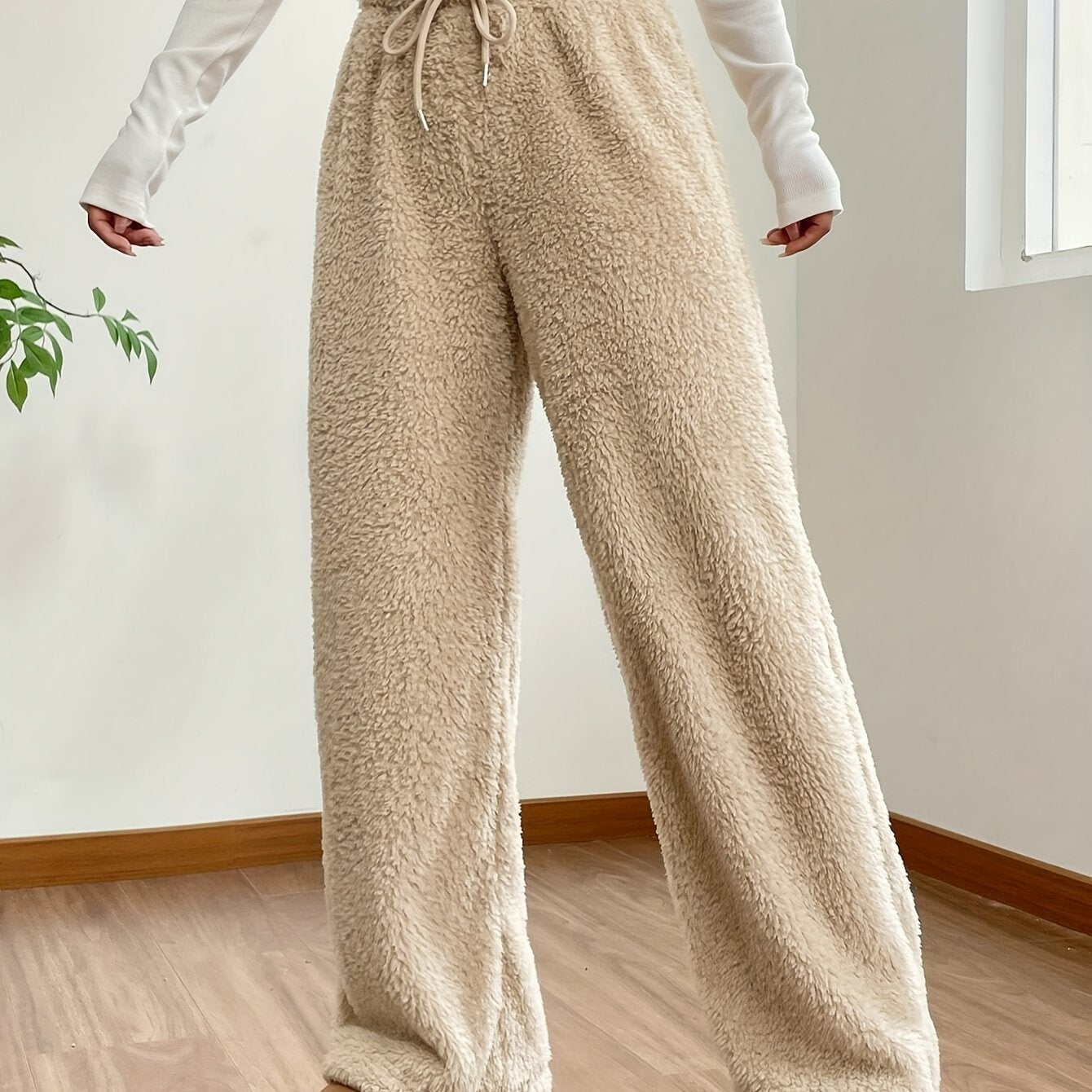 Antmvs Solid Color Teddy Bear Pants, Casual Drawstring Wide Leg Loose Pants, Women's Clothing