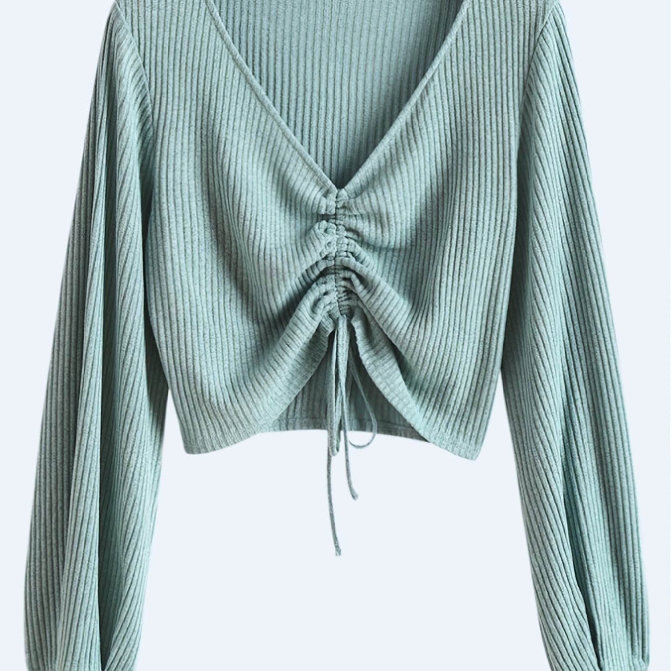 Antmvs Plus Size Y2K Solid Rib Knit Drawstring Front Ruched Crop Top, Women's Plus Sexy Slight Stretch Knit Top