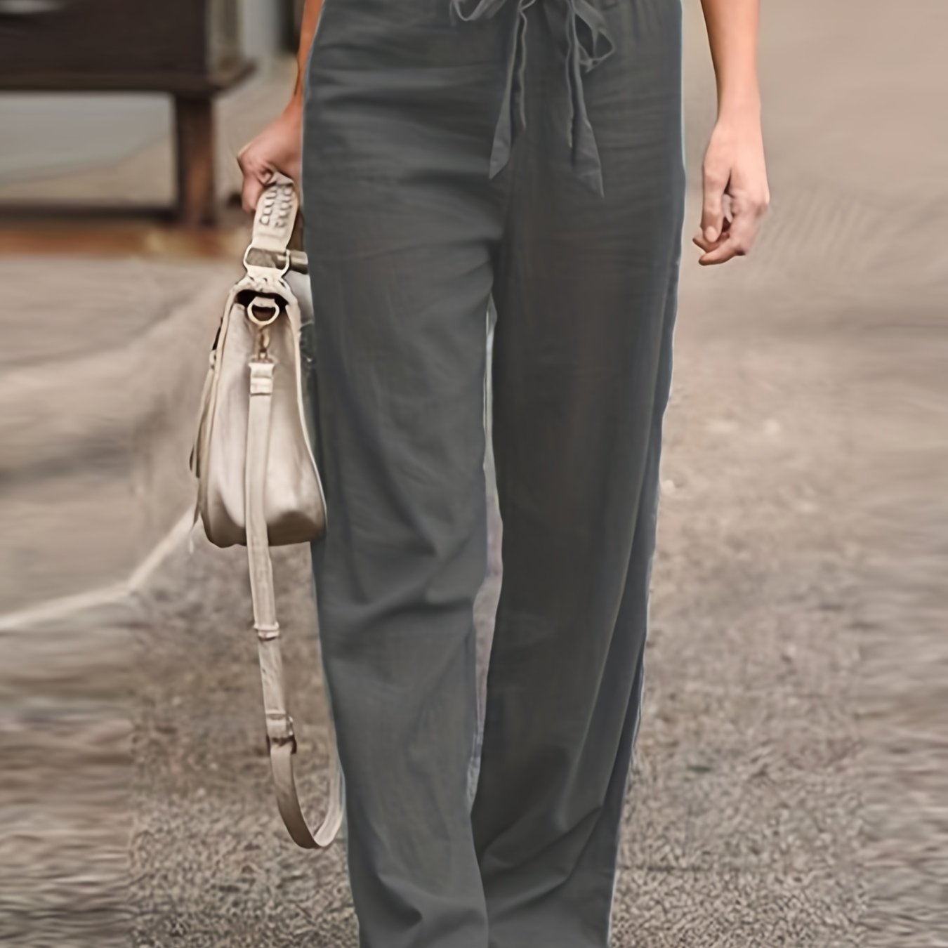 Antmvs Solid Tie Waist Pants, Casual High Waist Wide Leg Long Length Pants, Women's Clothing